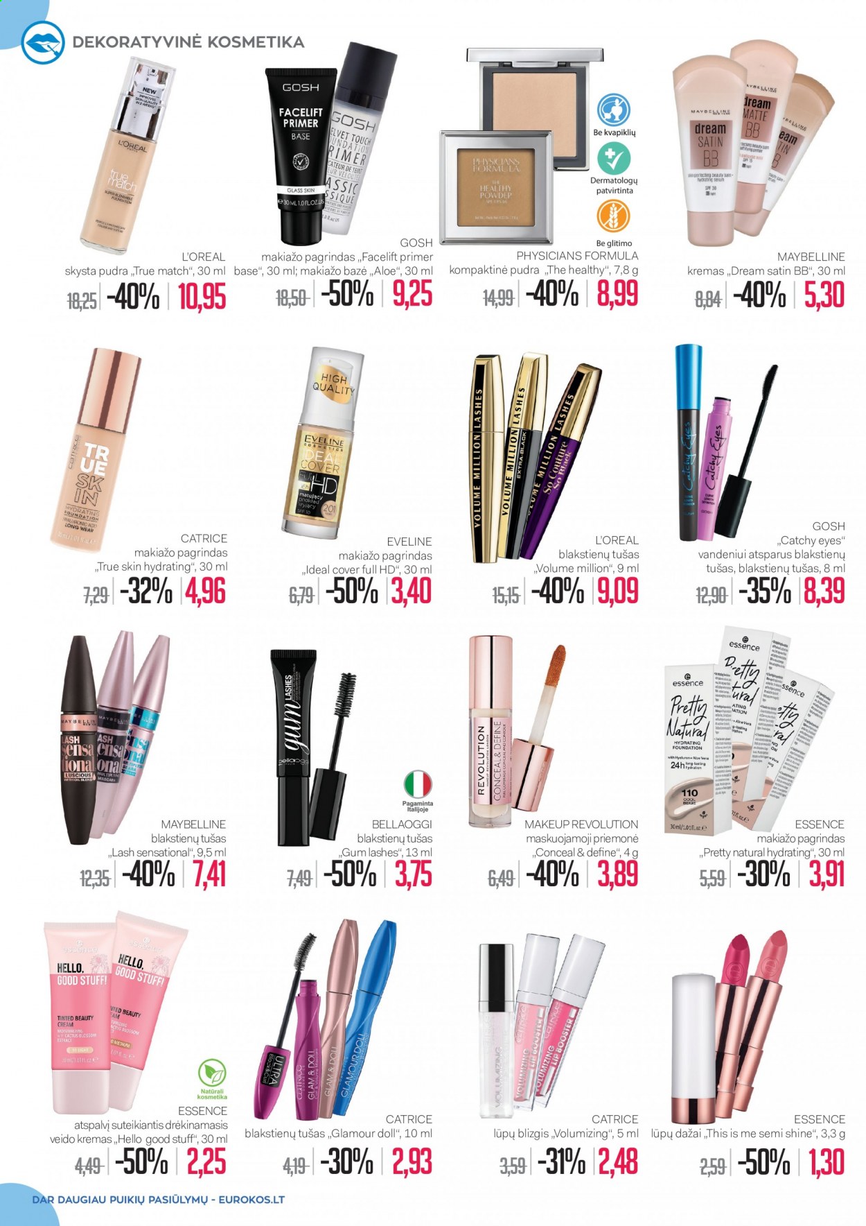 thumbnail - „Eurokos“ leidinys - 2021 04 29 - 2021 06 01 - Išpardavimų produktai - L'Oréal, veido kremas, kremas, blakstienų tušas, kompaktinė pudra, lūpų blizgis, lūpų dažai, Makeup Revolution, makiažo pagrindas, Maybelline. 4 puslapis.