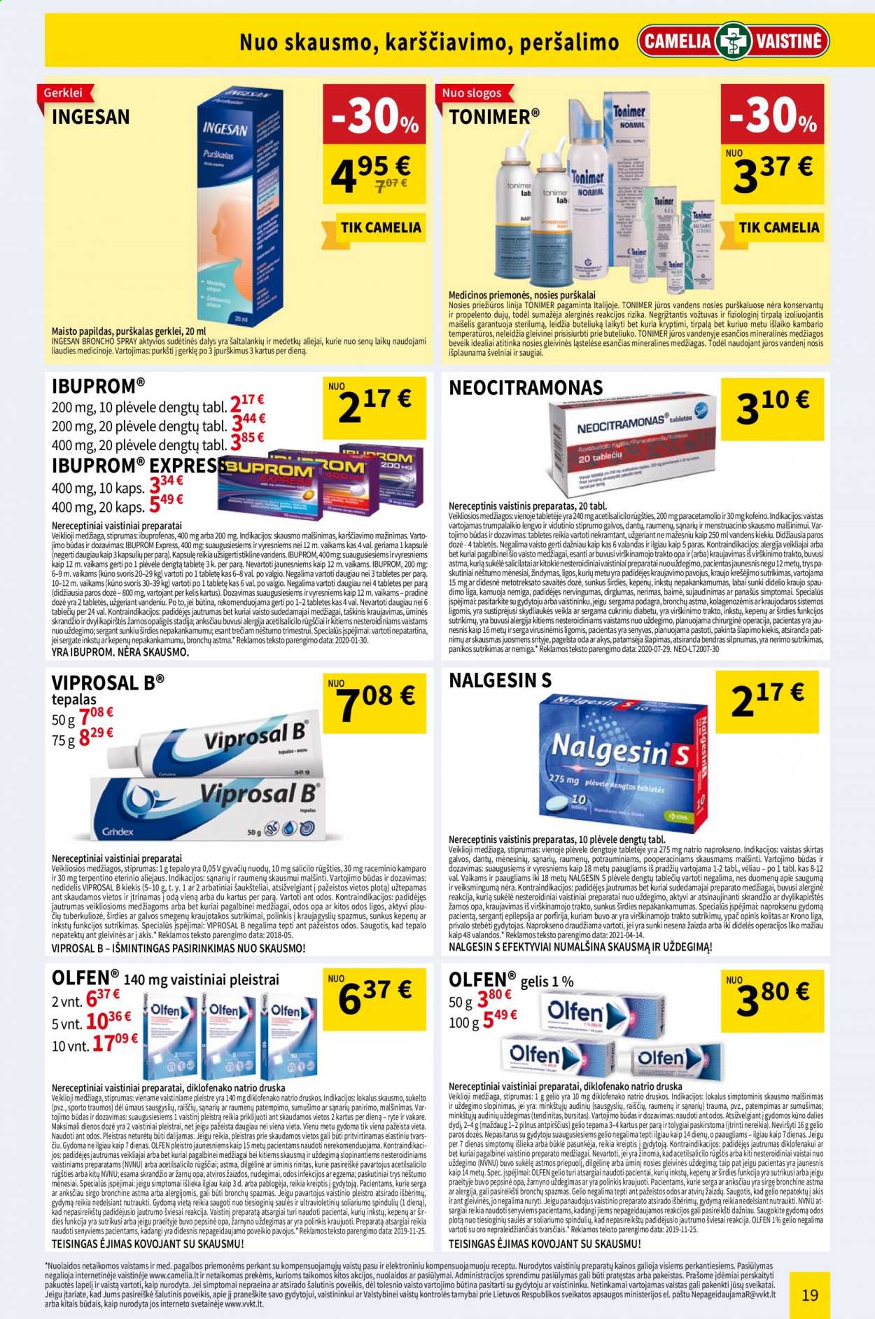 thumbnail - „CAMELIA Vaistinė“ leidinys - 2021 05 01 - 2021 05 31 - Išpardavimų produktai - Ibuprom, Nalgesin, Olfen, pleistrai. 19 puslapis.