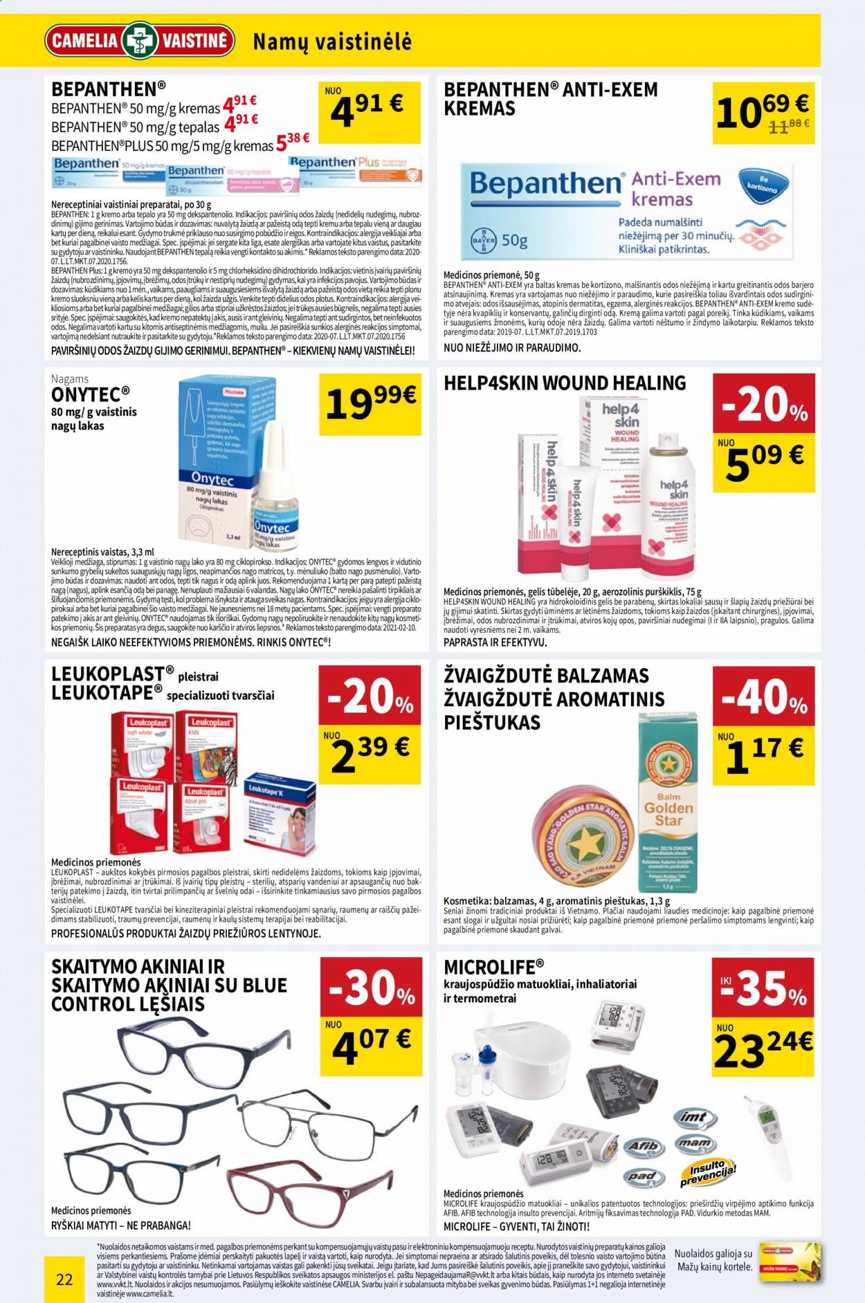 thumbnail - „CAMELIA Vaistinė“ leidinys - 2021 05 01 - 2021 05 31 - Išpardavimų produktai - kremas, Bepanthen, Bepanthen anti-exem, Onytec, pleistrai, akiniai, skaitymo akiniai. 22 puslapis.