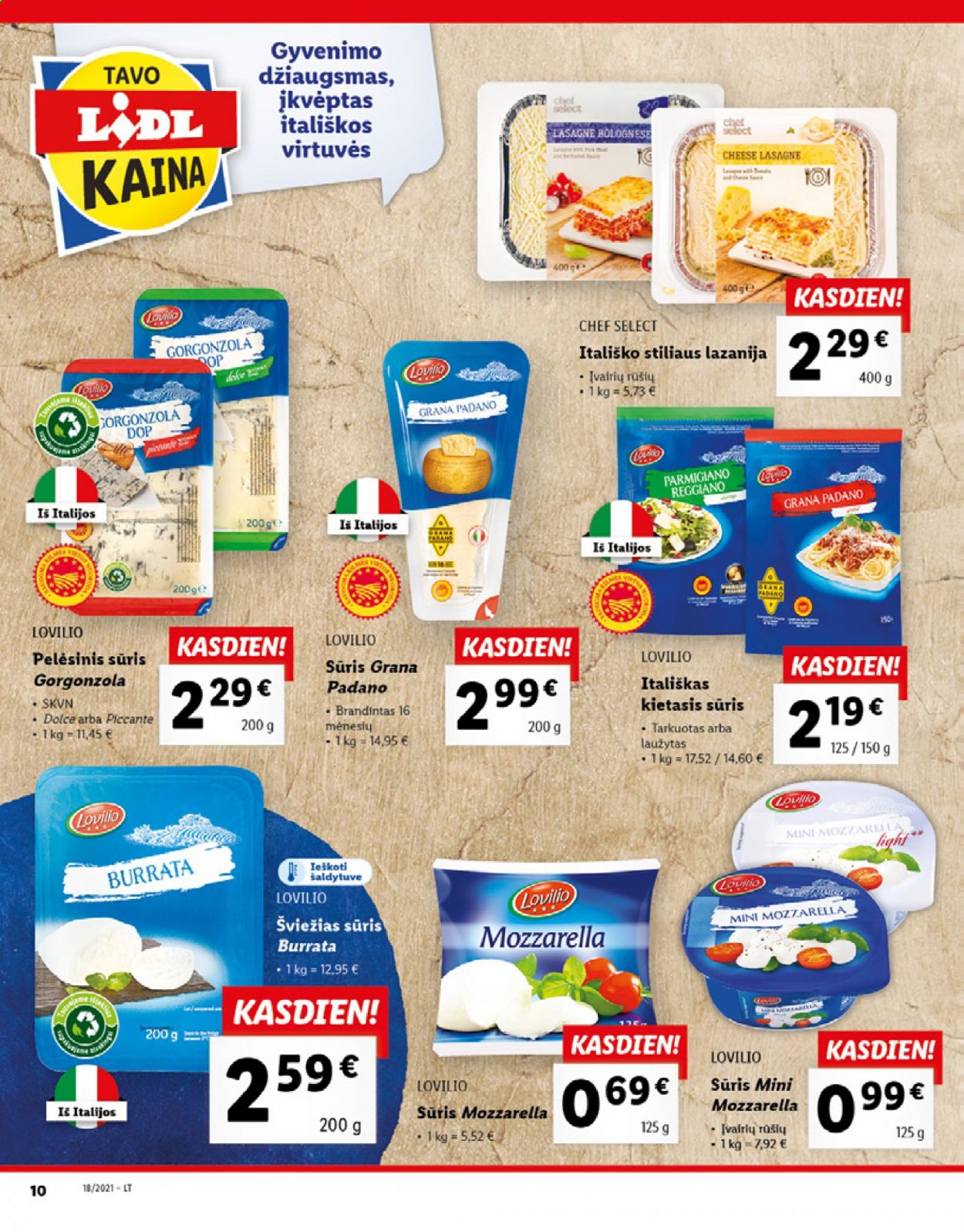 thumbnail - „Lidl“ leidinys - 2021 05 03 - 2021 05 09 - Išpardavimų produktai - lasagne, gorgonzola, Grana Padano, mozzarella, sūris, burrata, Coca-Cola. 10 puslapis.