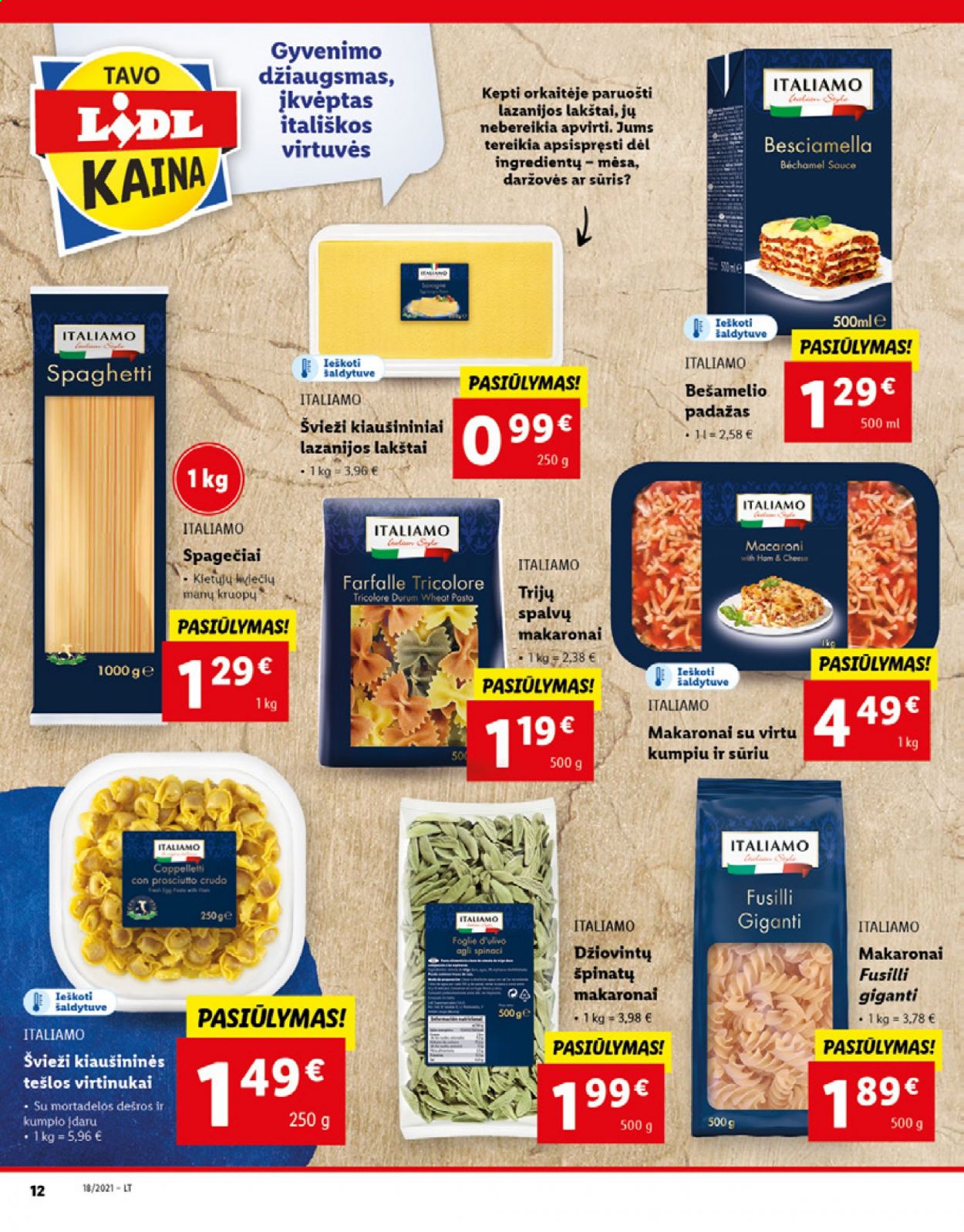 thumbnail - „Lidl“ leidinys - 2021 05 03 - 2021 05 09 - Išpardavimų produktai - prosciutto, sūris, padažas, farfalle, spaghetti. 12 puslapis.
