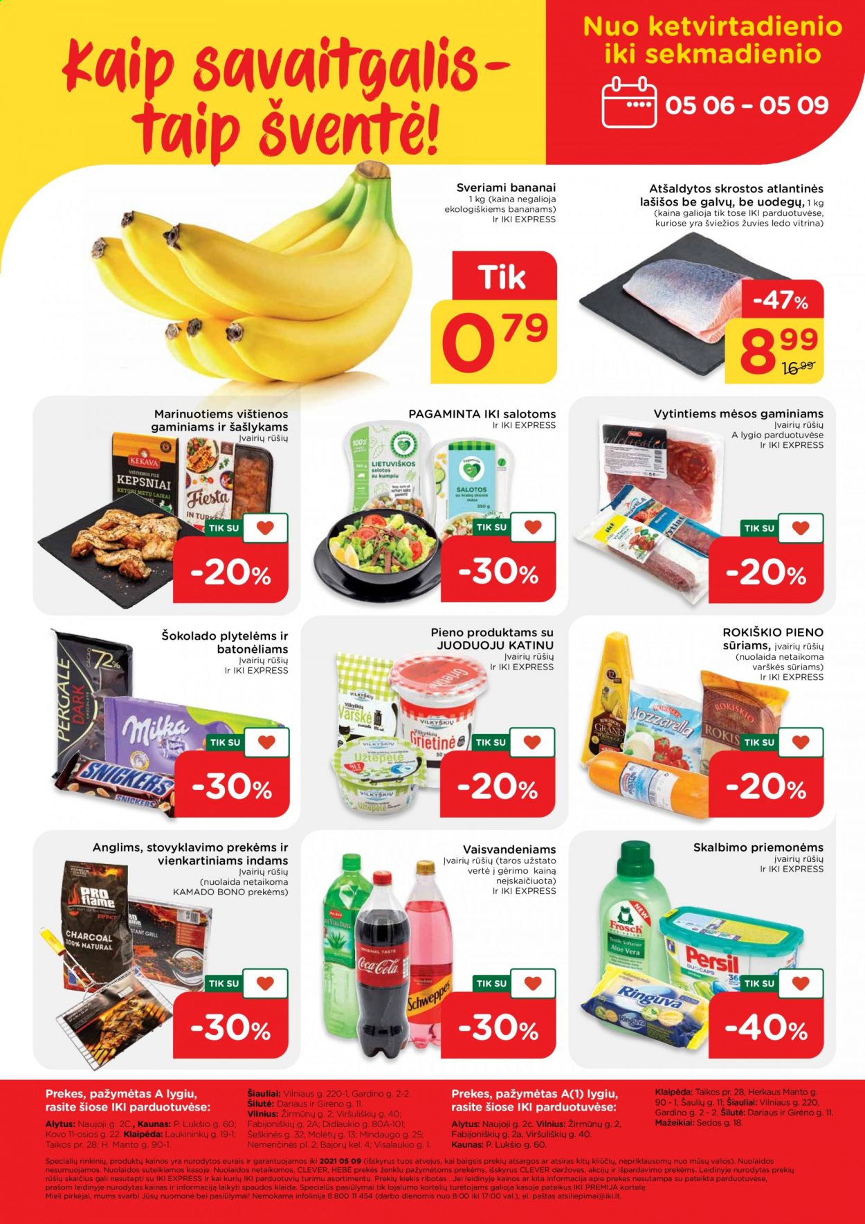 thumbnail - „iki“ leidinys - 2021 05 03 - 2021 05 09 - Išpardavimų produktai - bananai, lašiša, Bajorų. 28 puslapis.