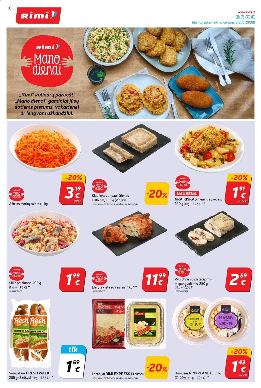 thumbnail - „Rimi“ leidinys - 2021 05 04 - 2021 05 10 - Išpardavimų produktai - salotos, lasagne, hummus. 10 puslapis.