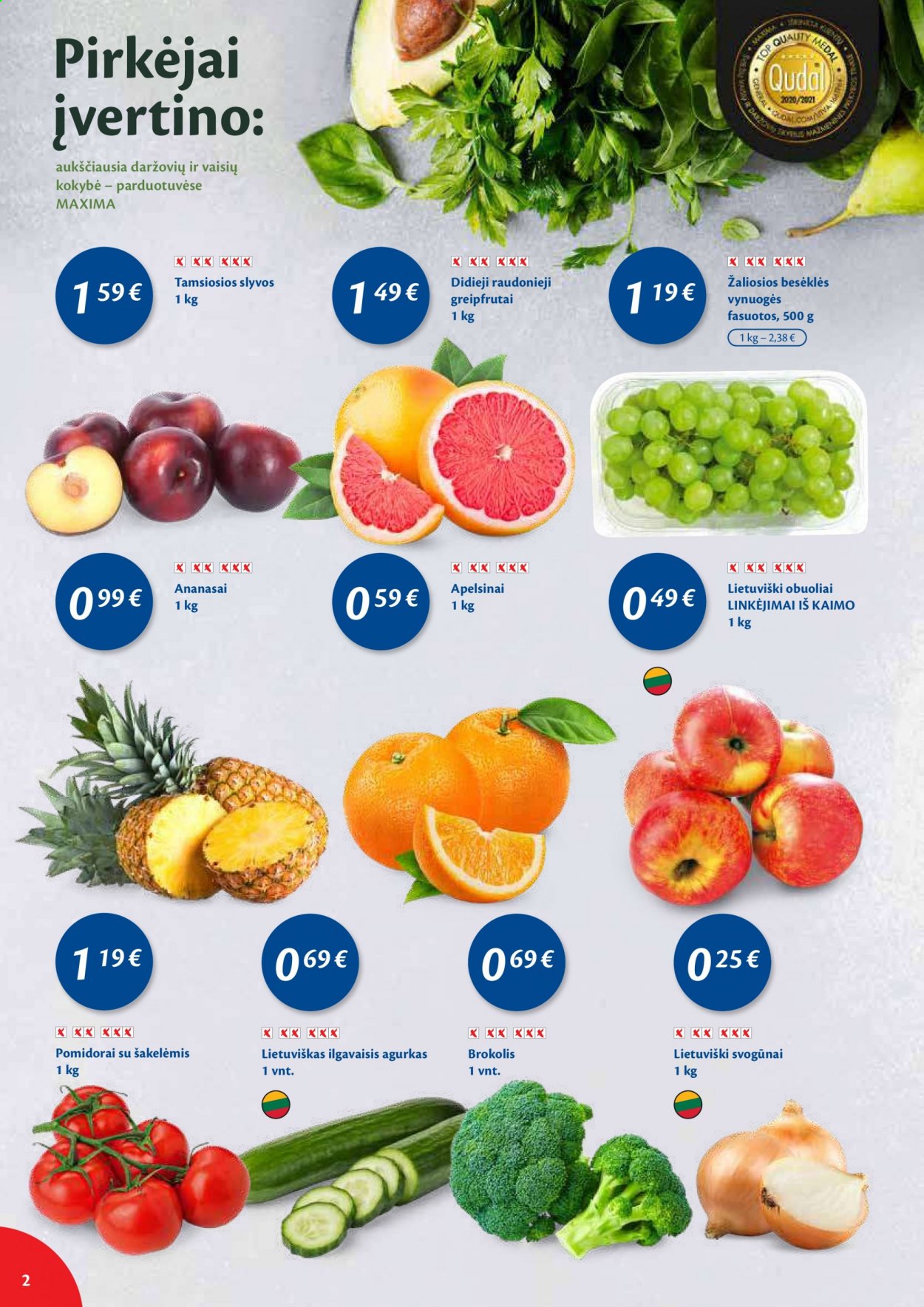 thumbnail - „Maxima“ leidinys - 2021 05 04 - 2021 05 10 - Išpardavimų produktai - agurkas, pomidorai, svogūnai, ananasai, greipfrutai, obuolys, slyva, vynuogės. 2 puslapis.