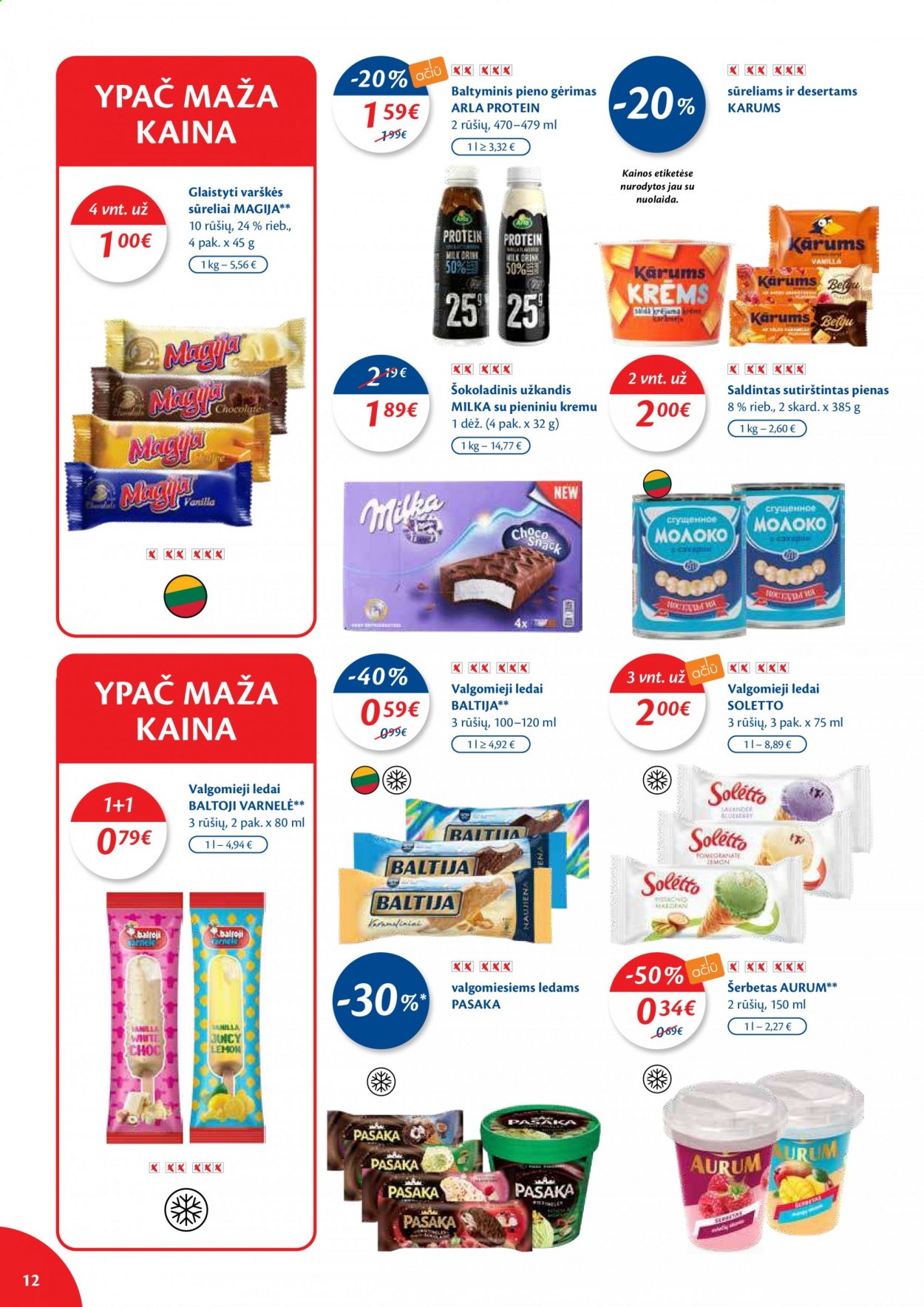 thumbnail - „Maxima“ leidinys - 2021 05 04 - 2021 05 10 - Išpardavimų produktai - Arla, Milka, pienas, ledai, valgomieji ledai. 12 puslapis.