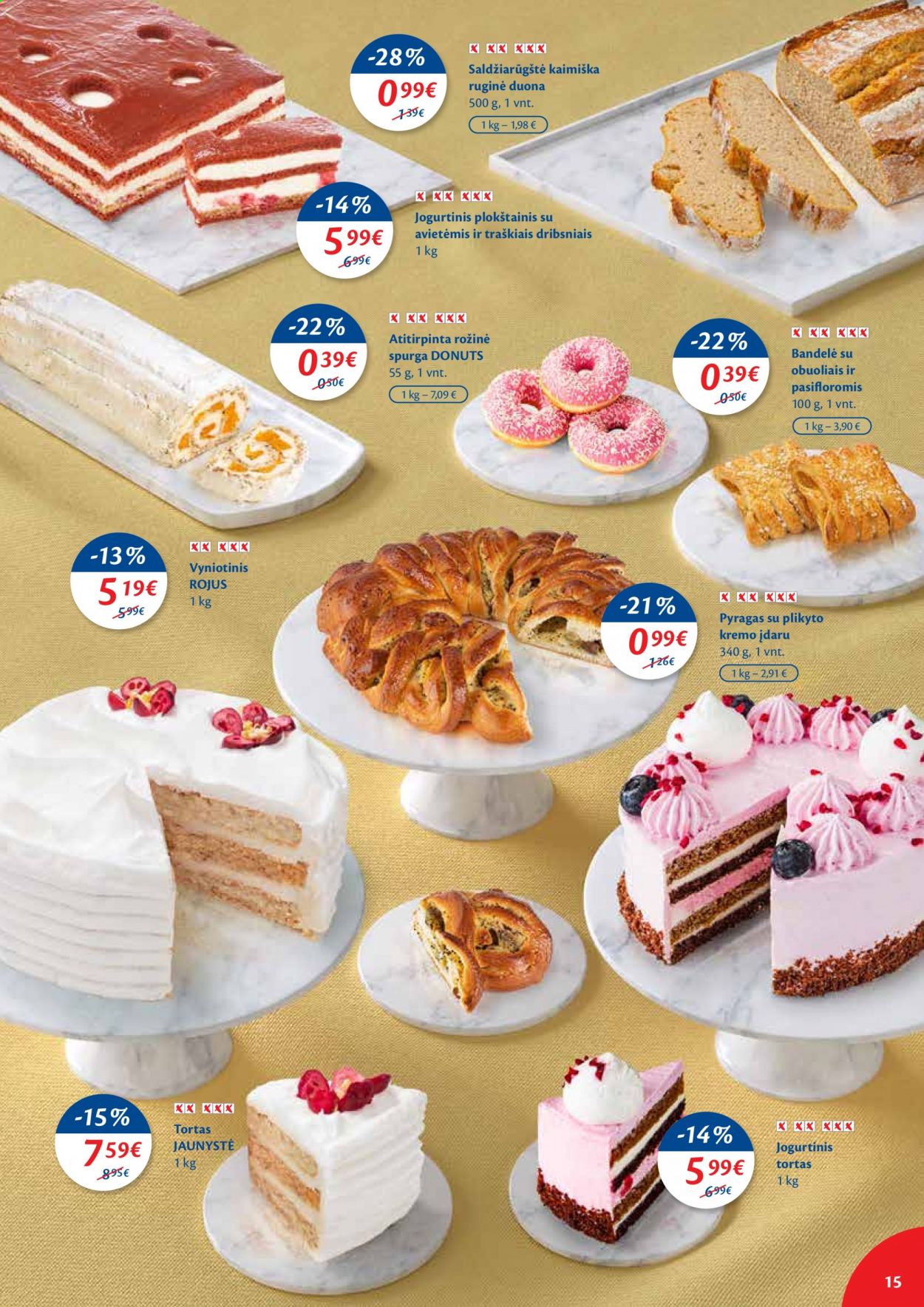 thumbnail - „Maxima“ leidinys - 2021 05 04 - 2021 05 10 - Išpardavimų produktai - bandelė, duona, pyragas, spurga, tortas. 15 puslapis.