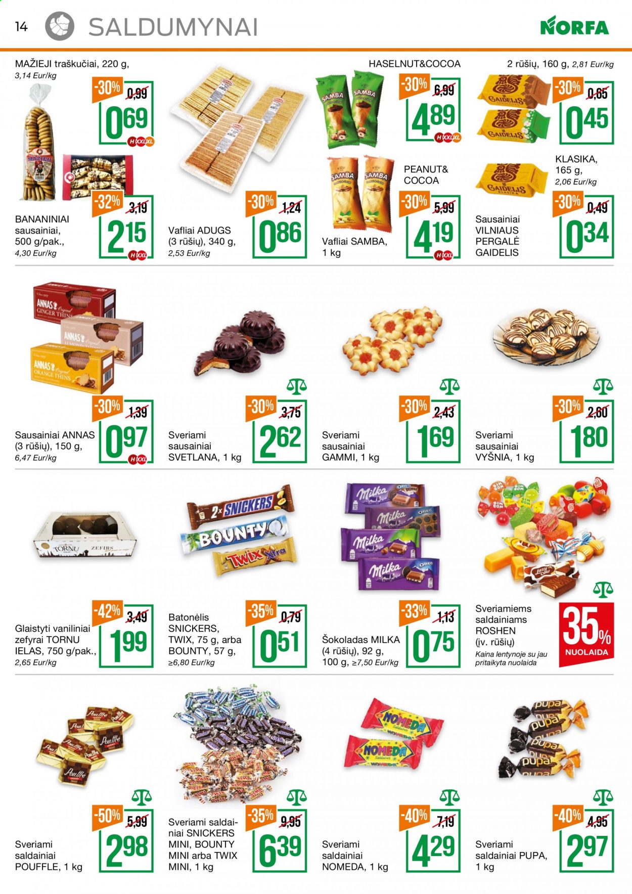 thumbnail - „NORFA“ leidinys - 2021 05 06 - 2021 05 19 - Išpardavimų produktai - vafliai, Milka, Bounty, saldainiai, sausainiai, Snickers, šokoladas, Twix, traškučiai. 14 puslapis.