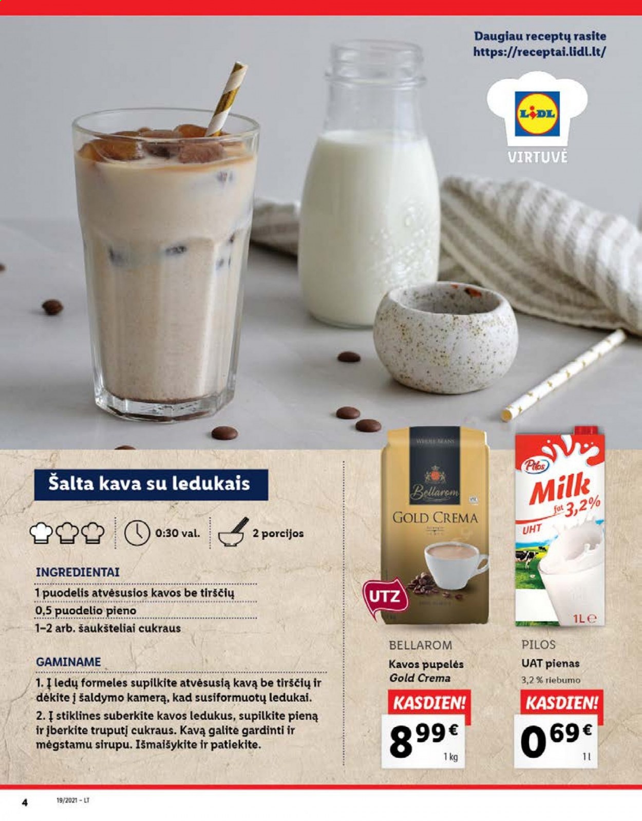 thumbnail - „Lidl“ leidinys - 2021 05 10 - 2021 05 16 - Išpardavimų produktai - pienas, puodelis, stiklinės, kava, kavos pupelės. 4 puslapis.