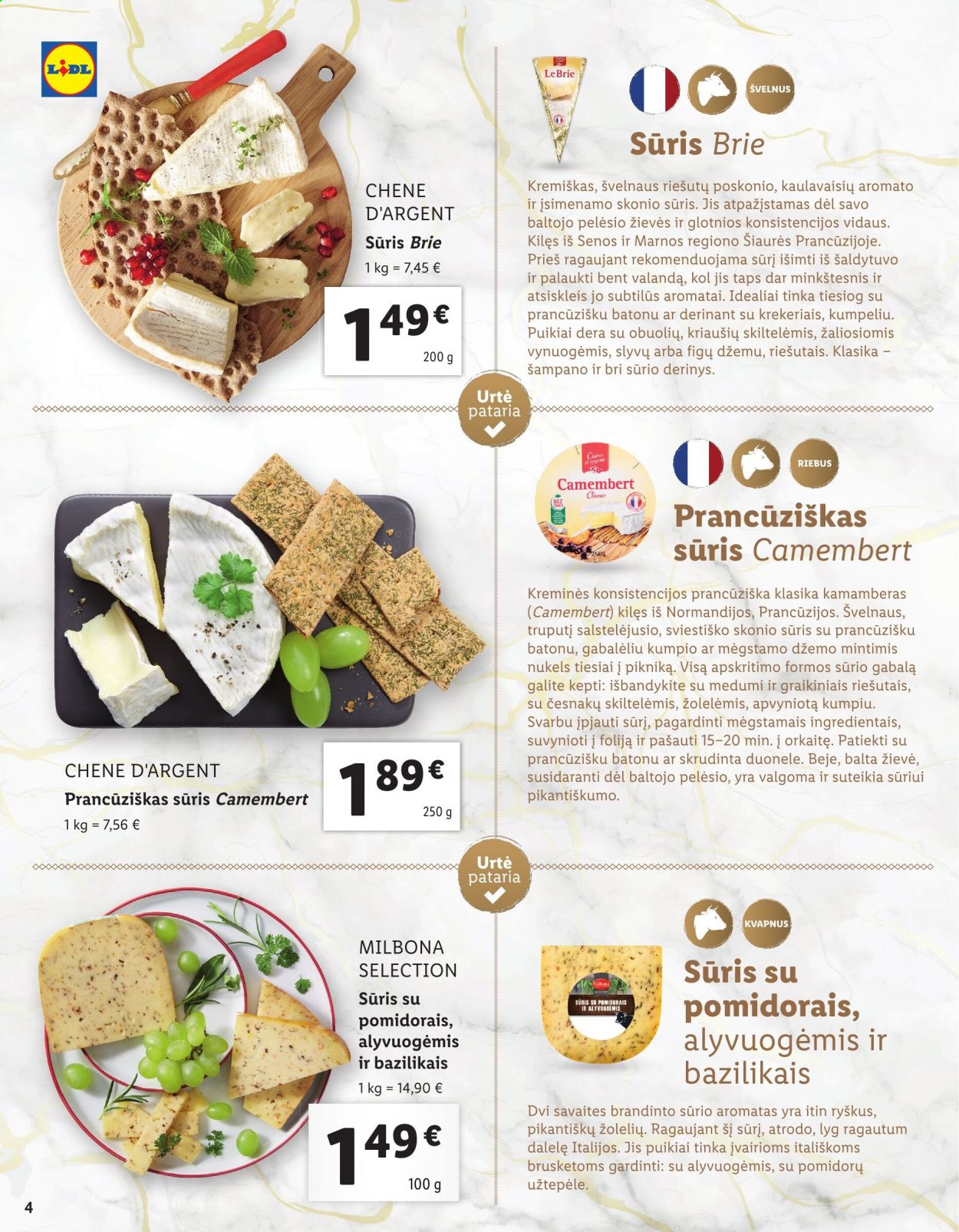 thumbnail - „Lidl“ leidinys - Išpardavimų produktai - brie, camembert, sūris, Milbona. 4 puslapis.