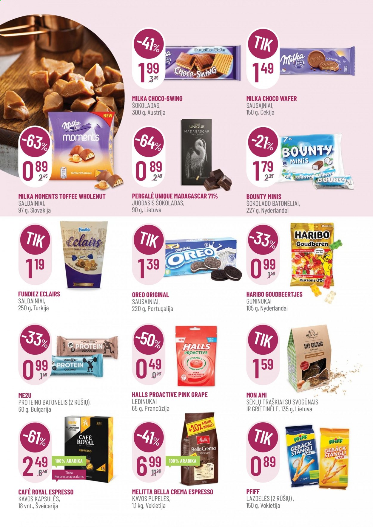 thumbnail - „Vynoteka“ leidinys - 2021 05 17 - 2021 05 30 - Išpardavimų produktai - Milka, Oreo, Bounty, Halls, saldainiai, sausainiai, šokoladas, crackers, vitamin c, juodasis šokoladas, kavos pupelės. 2 puslapis.
