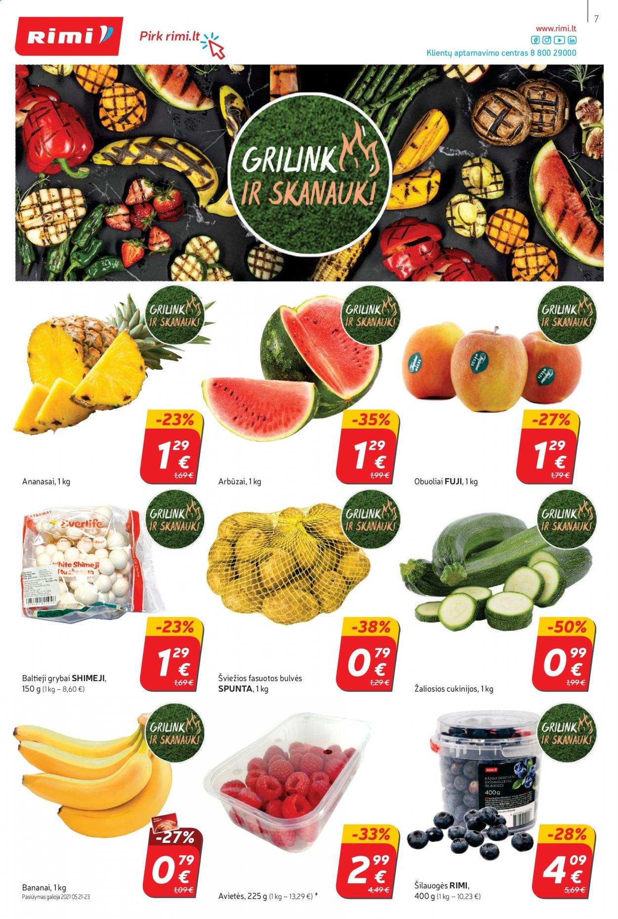 thumbnail - „Rimi“ leidinys - 2021 05 18 - 2021 05 24 - Išpardavimų produktai - arbūzas, bulvės, cukinijos, ananasai, avietės, bananai, obuolys, šilauogės. 7 puslapis.