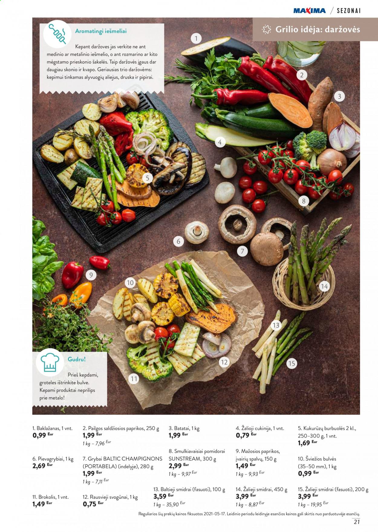 thumbnail - „Maxima“ leidinys - 2021 06 01 - 2021 08 31 - Išpardavimų produktai - baklažanai, bulvės, cukinijos, paprikos, pomidorai, svogūnai, batatai, pievagrybiai, kukurūzų burbuolės, aliejus, alyvuogių aliejus. 21 puslapis.