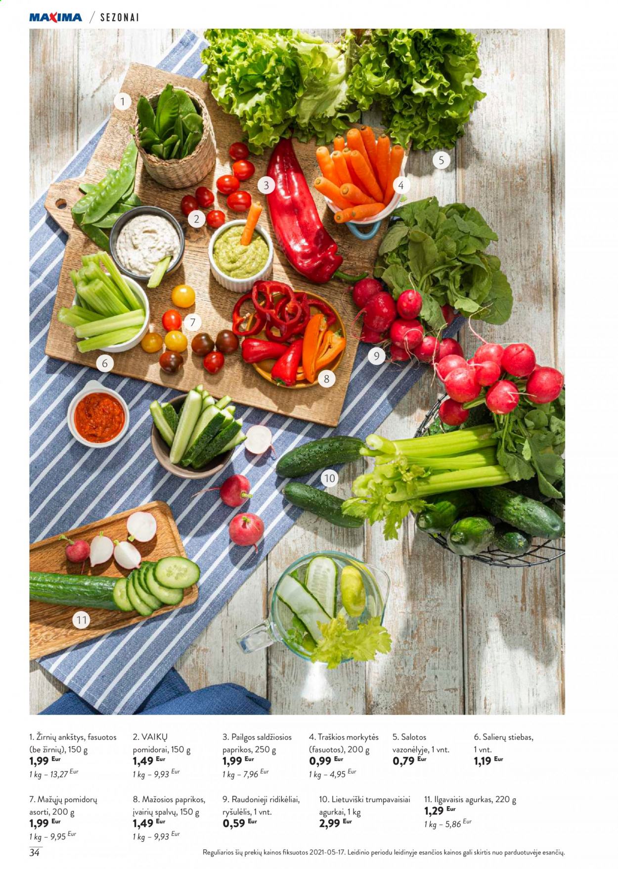 thumbnail - „Maxima“ leidinys - 2021 06 01 - 2021 08 31 - Išpardavimų produktai - agurkas, paprikos, pomidorai, ridikėliai, salotos. 34 puslapis.