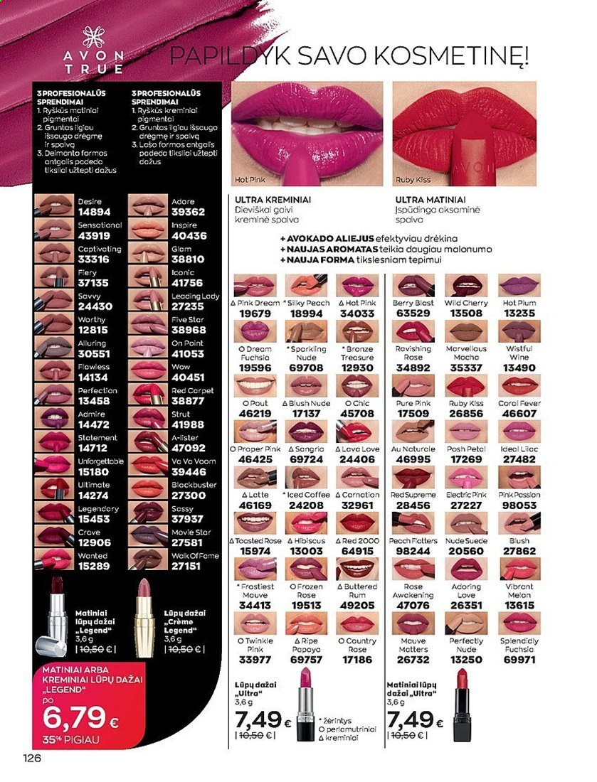 thumbnail - „Avon“ leidinys - 2021 06 01 - 2021 06 30 - Išpardavimų produktai - lūpų dažai, matiniai lūpų dažai. 126 puslapis.