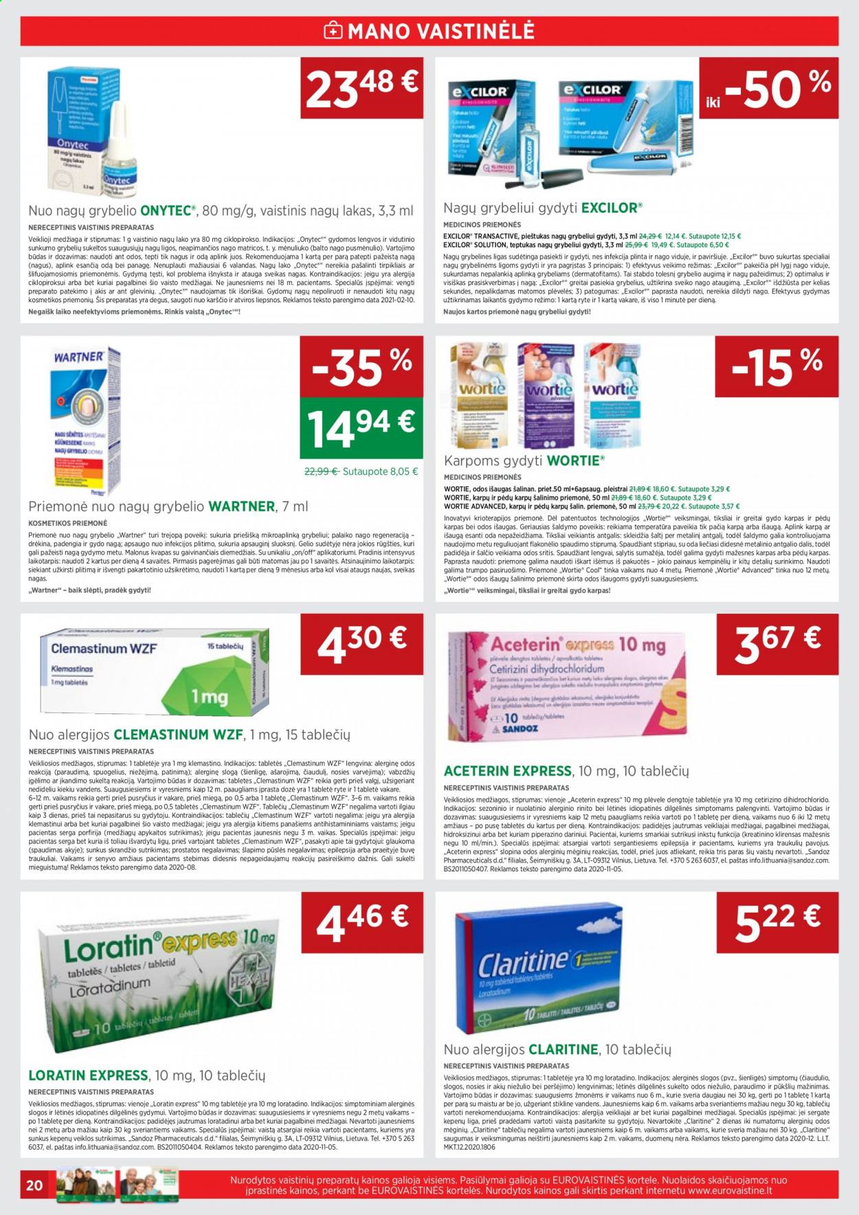 thumbnail - „EUROVAISTINĖ“ leidinys - 2021 06 01 - 2021 06 30 - Išpardavimų produktai - Claritine, Onytec, Wartner, pleistrai. 20 puslapis.