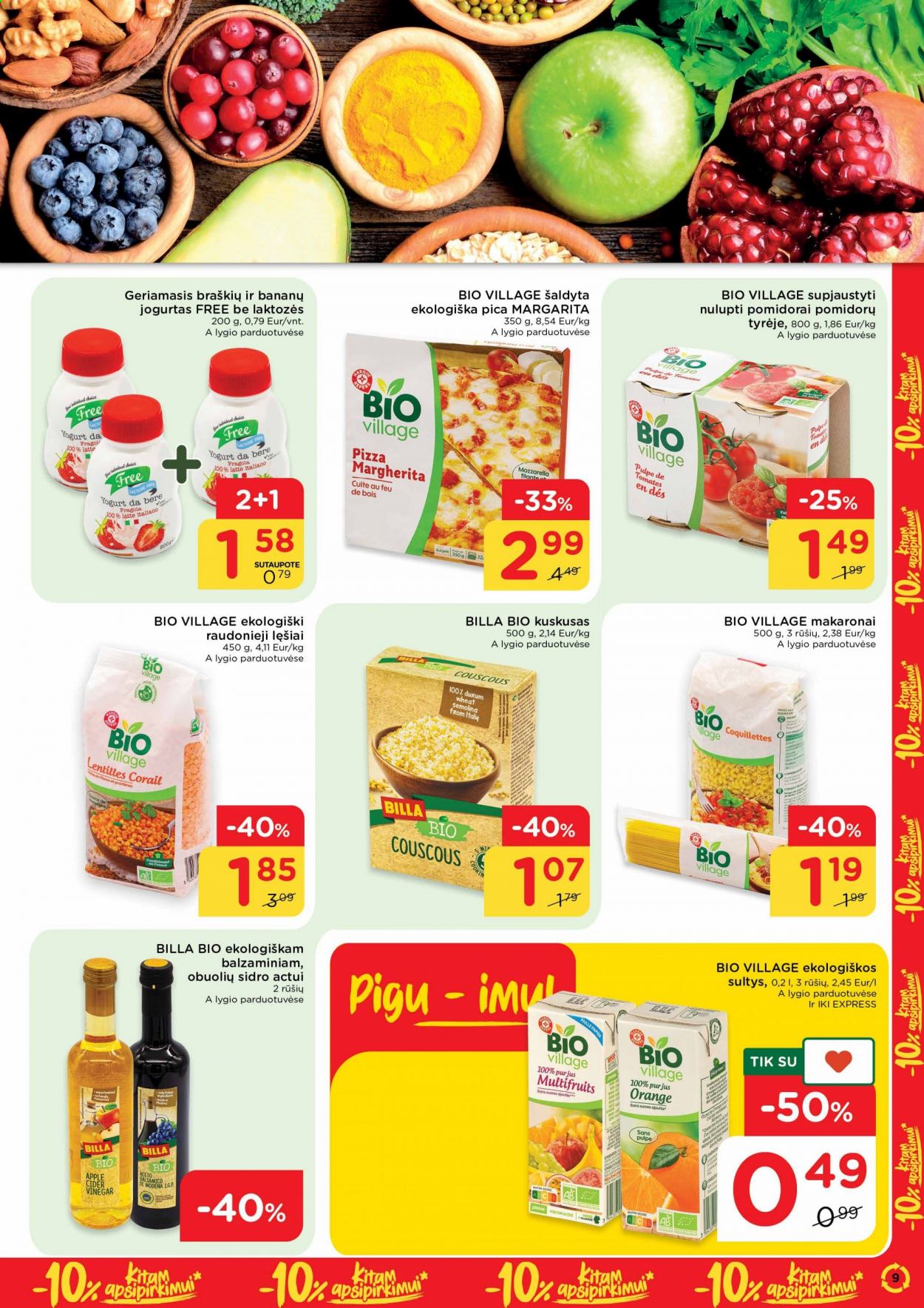 thumbnail - „iki“ leidinys - 2021 06 07 - 2021 06 13 - Išpardavimų produktai - pomidorai, pizza, jogurtas, couscous, cider, sultys. 9 puslapis.