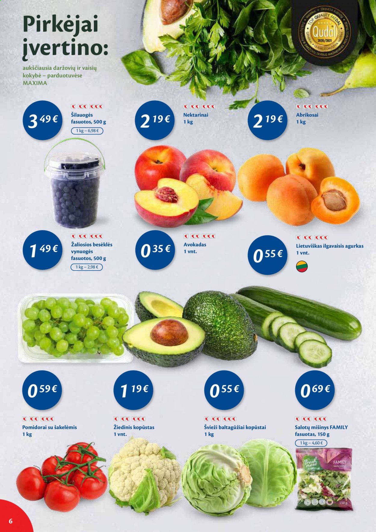 thumbnail - „Maxima“ leidinys - 2021 06 08 - 2021 06 14 - Išpardavimų produktai - agurkas, baltagūžiai kopūstai, kopūstai, pomidorai, avokadas, šilauogės, vynuogės, nektarinai. 6 puslapis.
