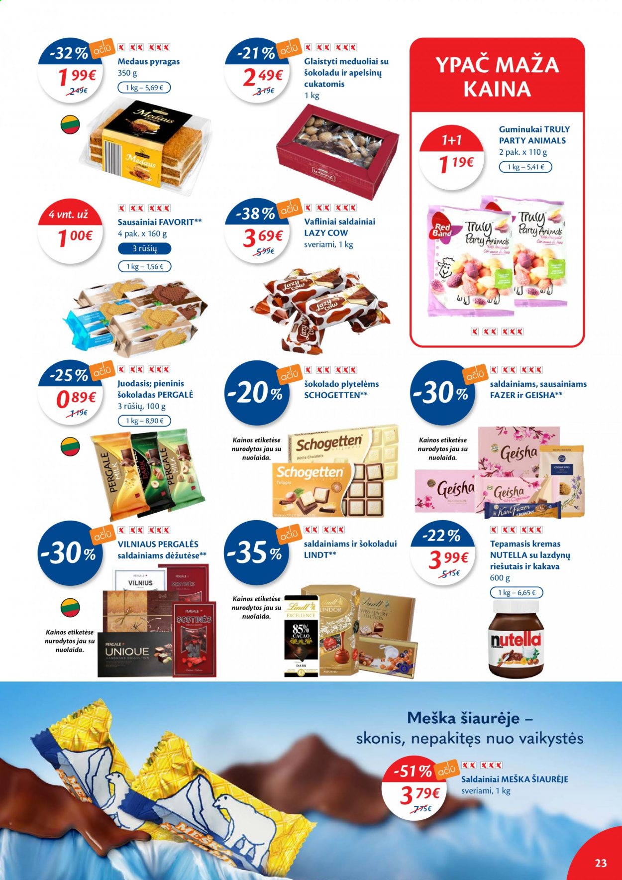 thumbnail - „Maxima“ leidinys - 2021 06 08 - 2021 06 14 - Išpardavimų produktai - pyragas, Meška Šiaurėje, saldainiai, sausainiai, Schogetten, šokoladas, Nutella, kremas. 23 puslapis.