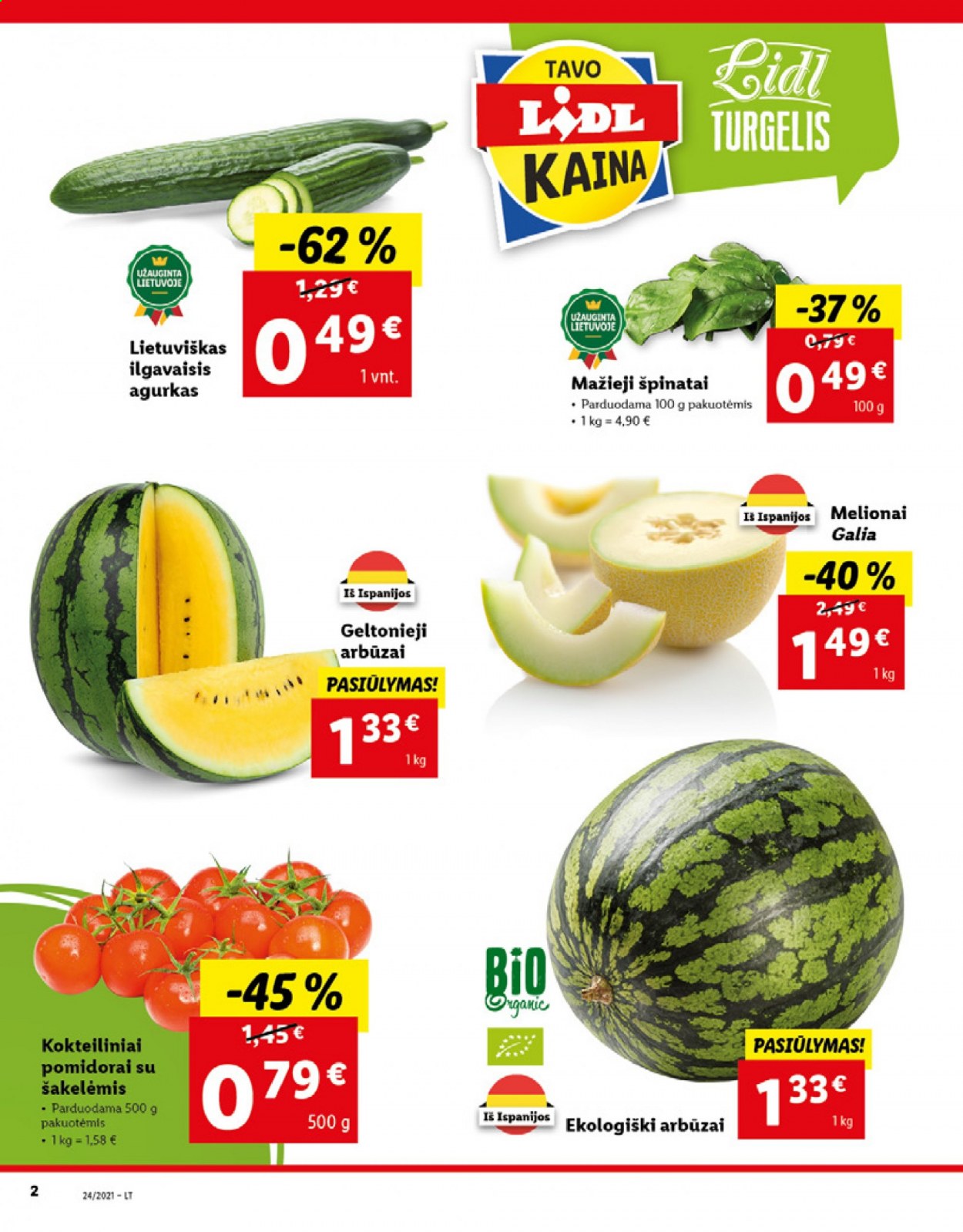 thumbnail - „Lidl“ leidinys - 2021 06 14 - 2021 06 20 - Išpardavimų produktai - agurkas, arbūzas, mažieji špinatai, pomidorai, špinatai, melionai. 2 puslapis.