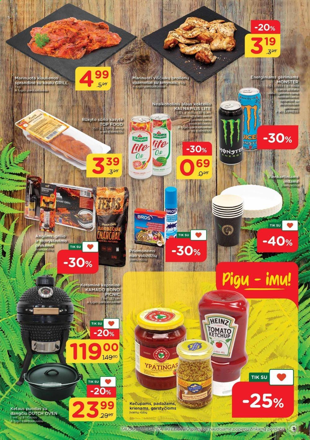 thumbnail - „iki“ leidinys - 2021 06 21 - 2021 06 27 - Išpardavimų produktai - mango, kiaulienos sprandinė, Heinz, garstyčioms, padažams, energinis gėrimas, Monster Energy, Kalnapilis. 3 puslapis.