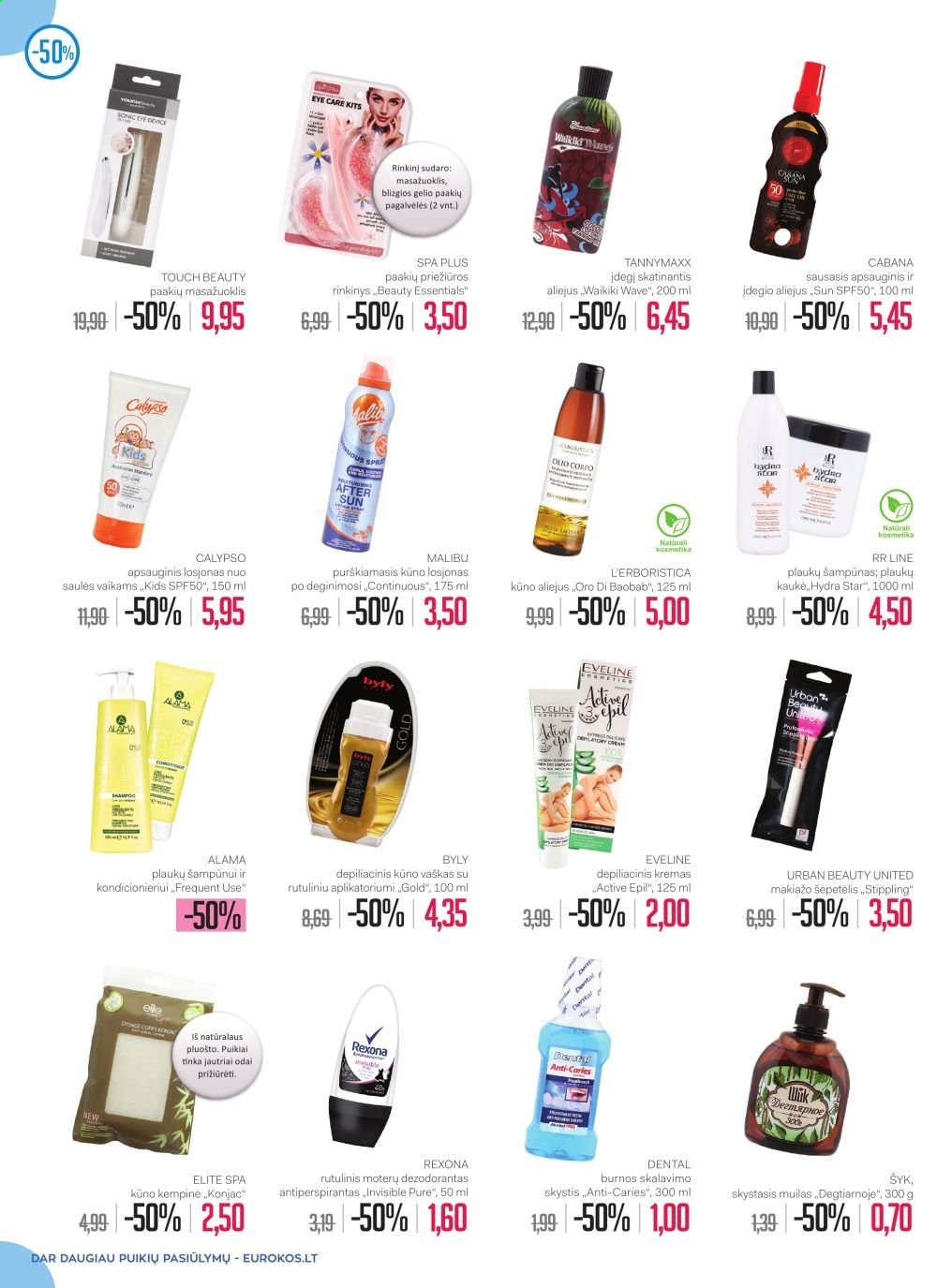 thumbnail - „Eurokos“ leidinys - 2021 06 30 - 2021 08 02 - Išpardavimų produktai - Essentials, plaukų šampūnas, shampoo, šampūnas, kremas, kūno aliejus, kūno losjonas, losjonas, makiažo šepetėlis, antiperspirantas, dezodorantas, Rexona. 8 puslapis.