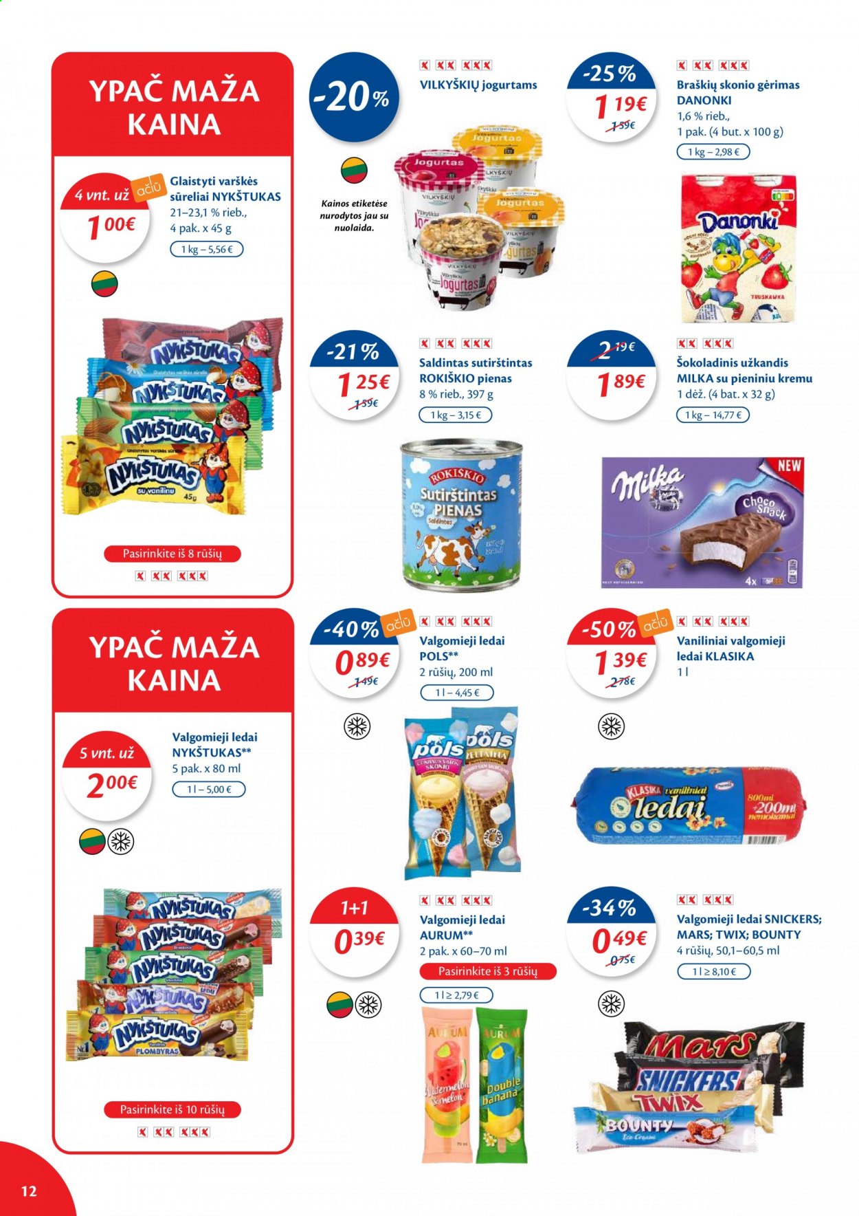 thumbnail - „Maxima“ leidinys - 2021 07 06 - 2021 07 12 - Išpardavimų produktai - Milka, pienas, ledai, valgomieji ledai, Bounty, Nykštukas, Snickers, Twix. 12 puslapis.