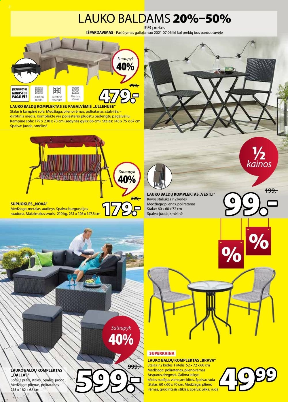 thumbnail - „JYSK“ leidinys - 2021 07 06 - 2021 07 19 - Išpardavimų produktai - baldams, staliukas, foteliai, sofa, rėmas, kavos staliukas. 2 puslapis.