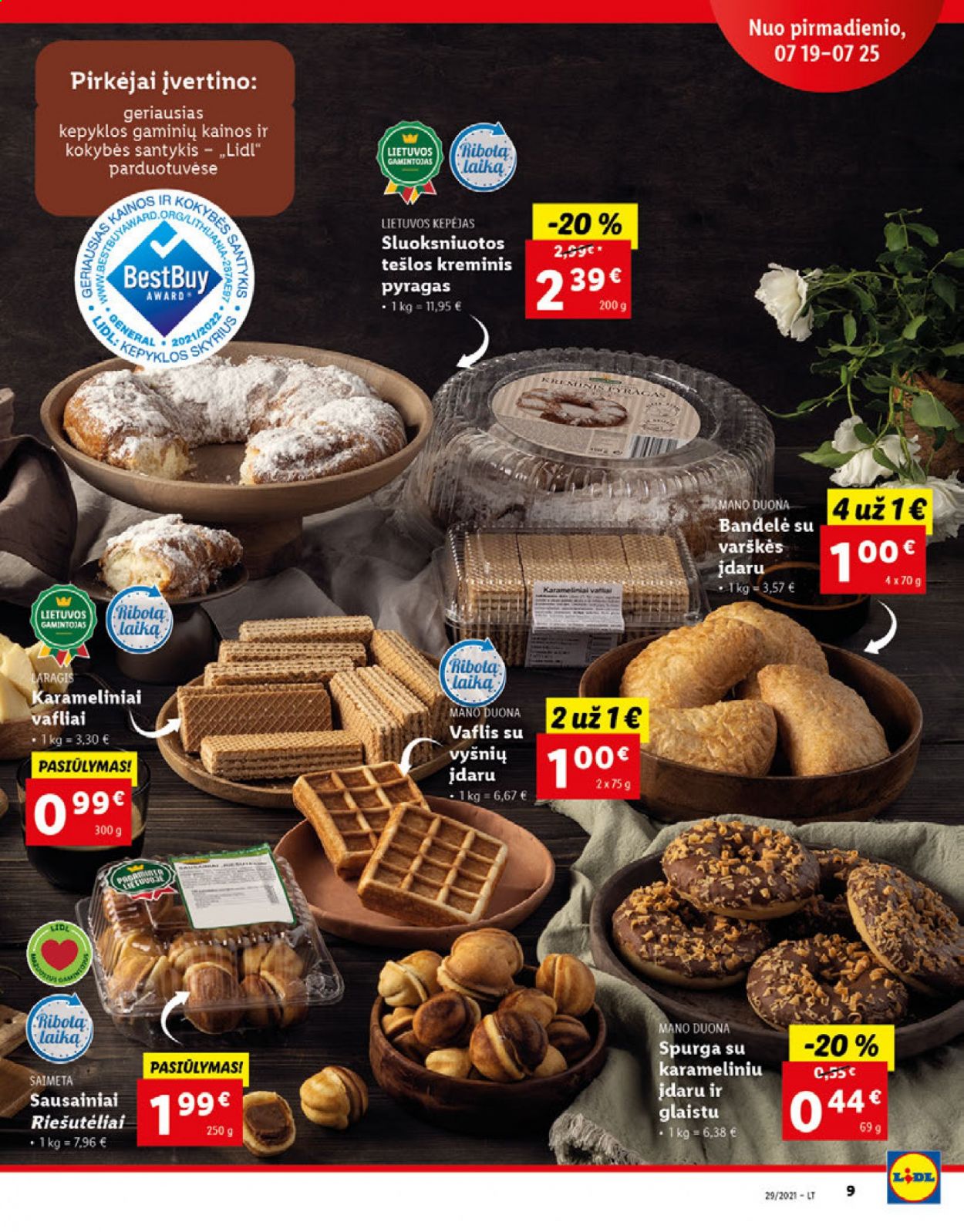 thumbnail - „Lidl“ leidinys - 2021 07 19 - 2021 07 25 - Išpardavimų produktai - bandelė, duona, pyragas, spurga, vafliai, sausainiai. 9 puslapis.