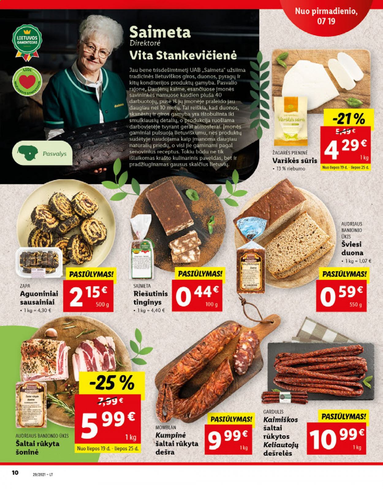 thumbnail - „Lidl“ leidinys - 2021 07 19 - 2021 07 25 - Išpardavimų produktai - duona, dešra, dešrelės, sūris, sausainiai. 10 puslapis.