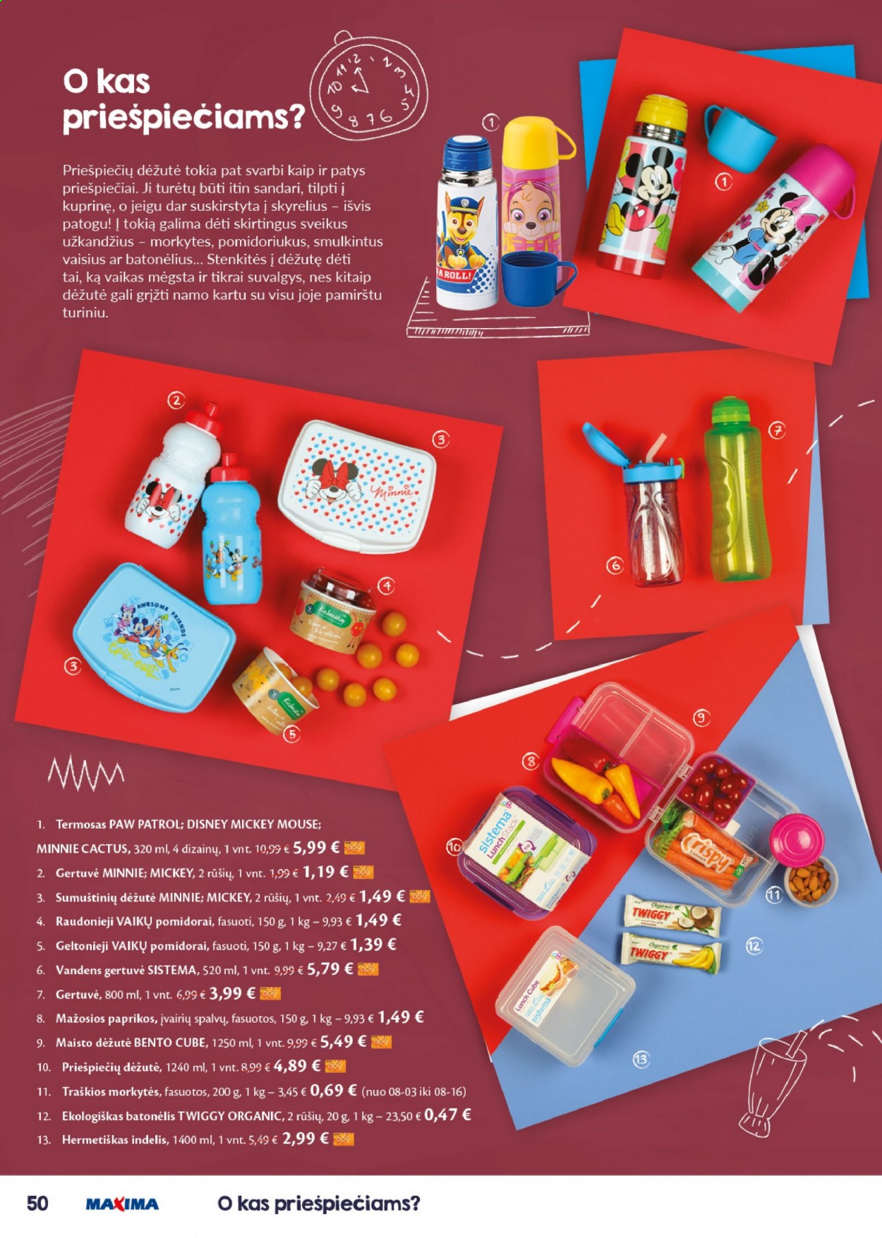 thumbnail - „Maxima“ leidinys - 2021 07 29 - 2021 09 08 - Išpardavimų produktai - Disney Mickey, paprikos, pomidorai, Disney, indelis, PAW patrol. 50 puslapis.