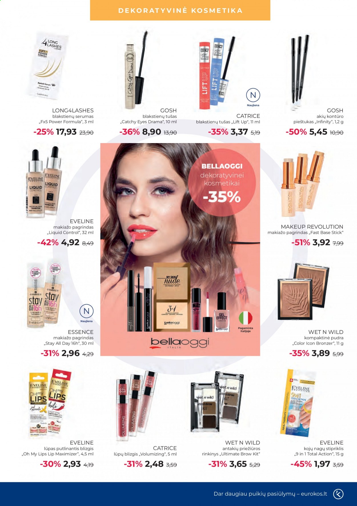 thumbnail - „Eurokos“ leidinys - 2021 08 03 - 2021 08 30 - Išpardavimų produktai - blakstienų tušas, kompaktinė pudra, Long4lashes, lūpų blizgis, Makeup Revolution, makiažo pagrindas. 5 puslapis.