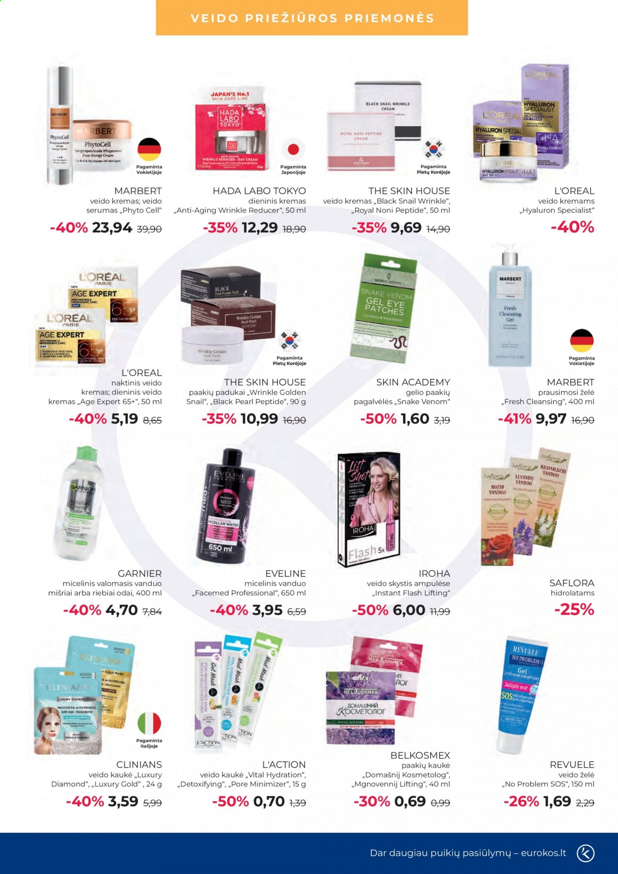 thumbnail - „Eurokos“ leidinys - 2021 08 03 - 2021 08 30 - Išpardavimų produktai - L'Oréal, dieninis veido kremas, Garnier, Micelinis, The Skin House, veido kremas, veido želė, kremas. 9 puslapis.