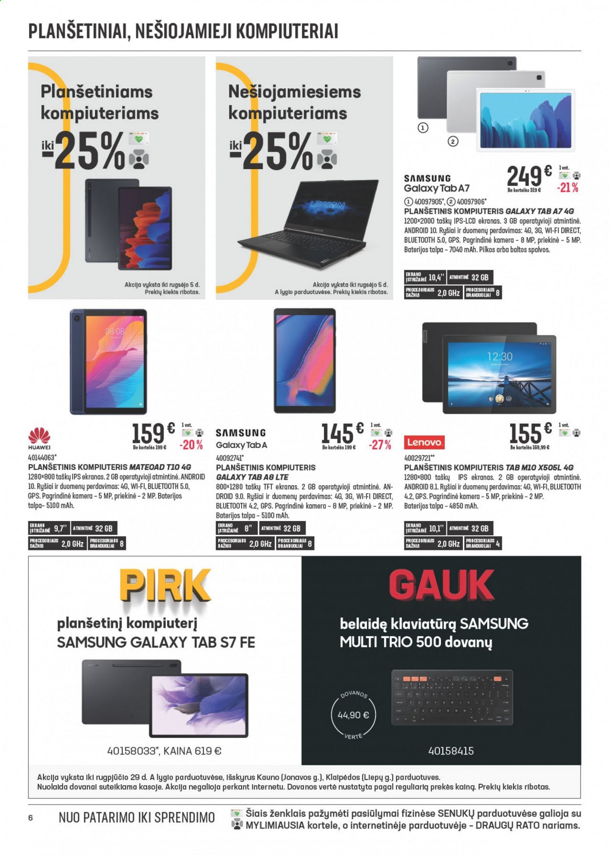 thumbnail - „Senukai“ leidinys - 2021 08 12 - 2021 09 05 - Išpardavimų produktai - Samsung, Huawei, Lenovo, Samsung Galaxy, kompiuteris, tablet, klaviatūra. 6 puslapis.
