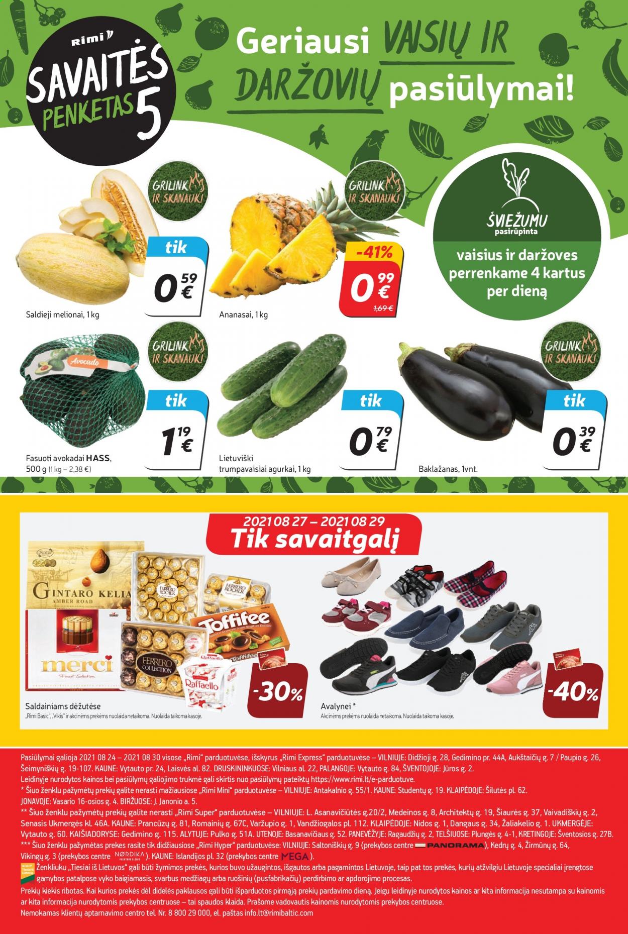 thumbnail - „Rimi“ leidinys - 2021 08 24 - 2021 08 30 - Išpardavimų produktai - baklažanai, ananasai, avokadas, melionai, saldieji melionai. 24 puslapis.