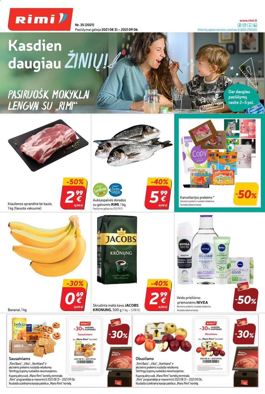 thumbnail - „Rimi“ leidinys - 2021 08 31 - 2021 09 06 - Išpardavimų produktai - bananai, kiaulienos sprandinė, Jacobs, malta kava, Nivea, kava. 1 puslapis.