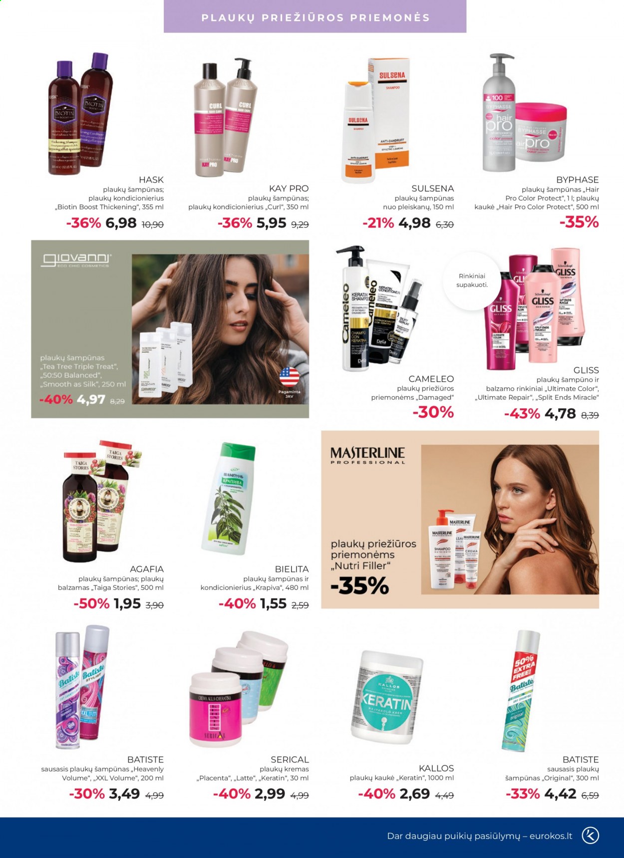 thumbnail - „Eurokos“ leidinys - 2021 08 31 - 2021 09 28 - Išpardavimų produktai - Batiste, keratin, plaukų šampūnas, šampūnas, plaukų balzamas, plaukų priežiūros priemonėms, kremas. 9 puslapis.
