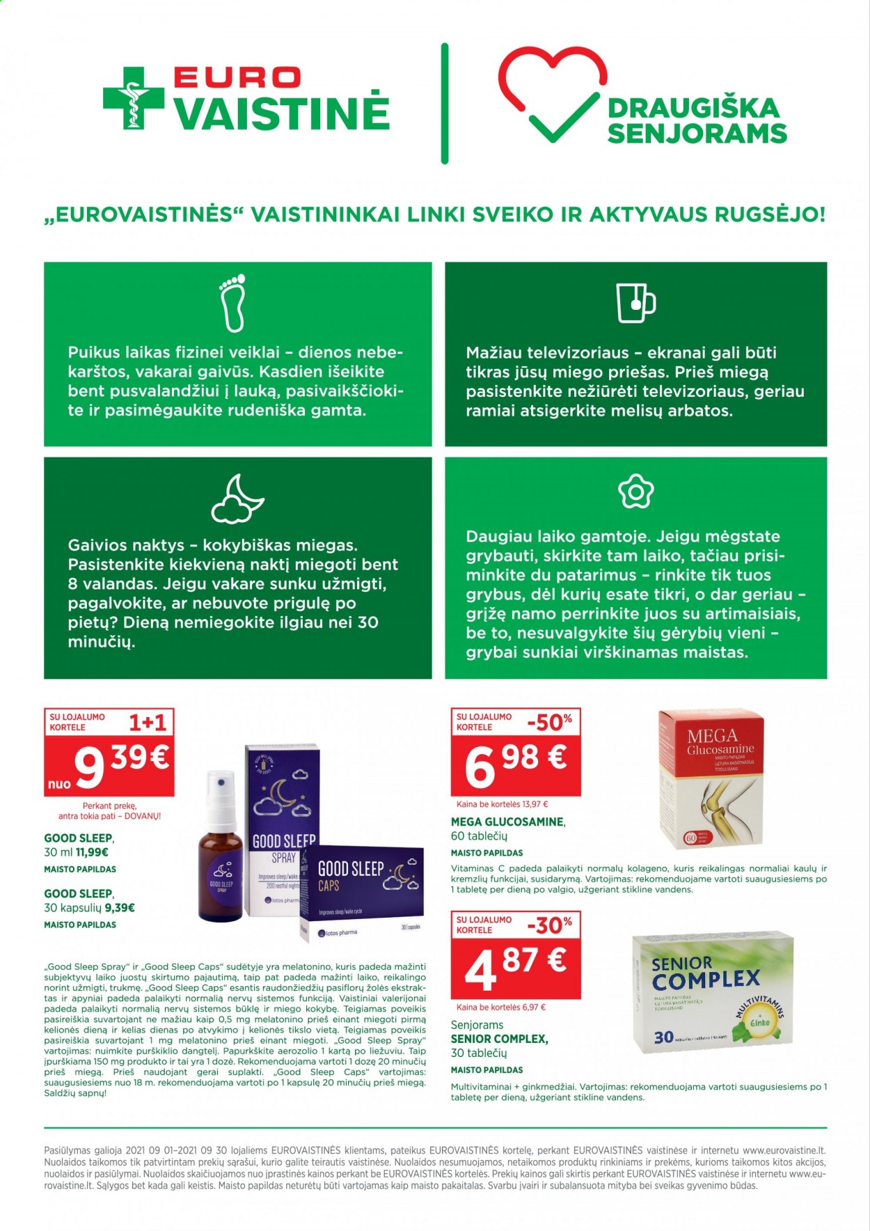thumbnail - „EUROVAISTINĖ“ leidinys - 2021 09 01 - 2021 09 30 - Išpardavimų produktai - Glucosamin, Senior Complex. 34 puslapis.