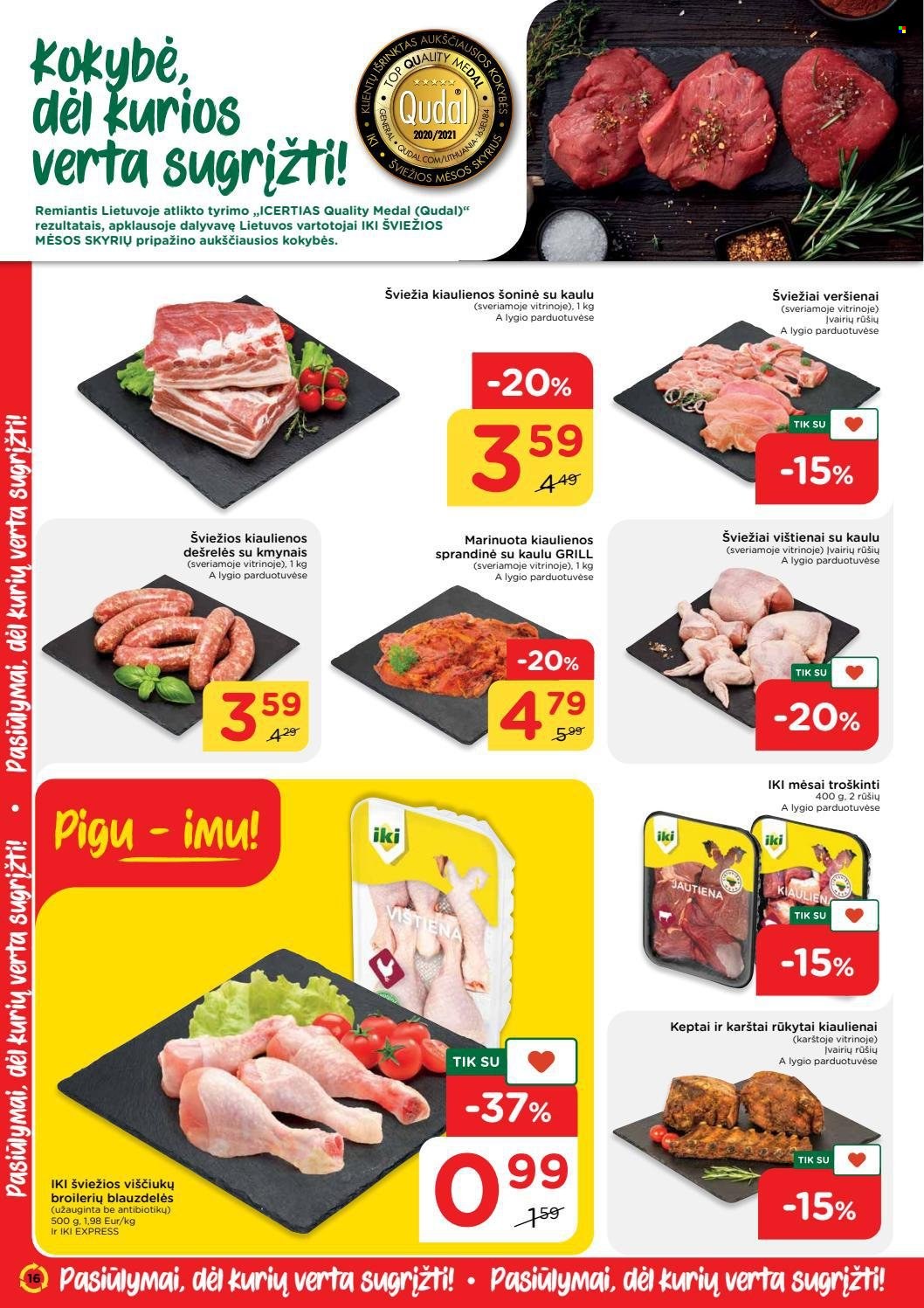thumbnail - „iki“ leidinys - 2021 09 06 - 2021 09 12 - Išpardavimų produktai - kiaulienos sprandinė, dešrelės. 16 puslapis.