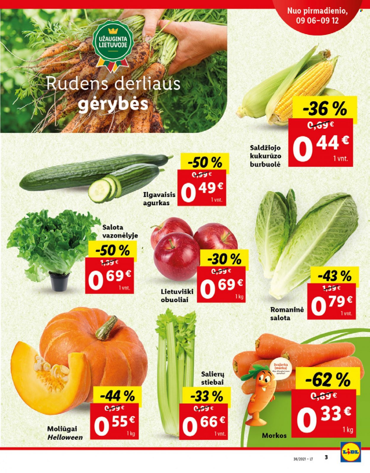 thumbnail - „Lidl“ leidinys - 2021 09 06 - 2021 09 12 - Išpardavimų produktai - agurkas, morkos, salierų stiebai, obuolys. 3 puslapis.