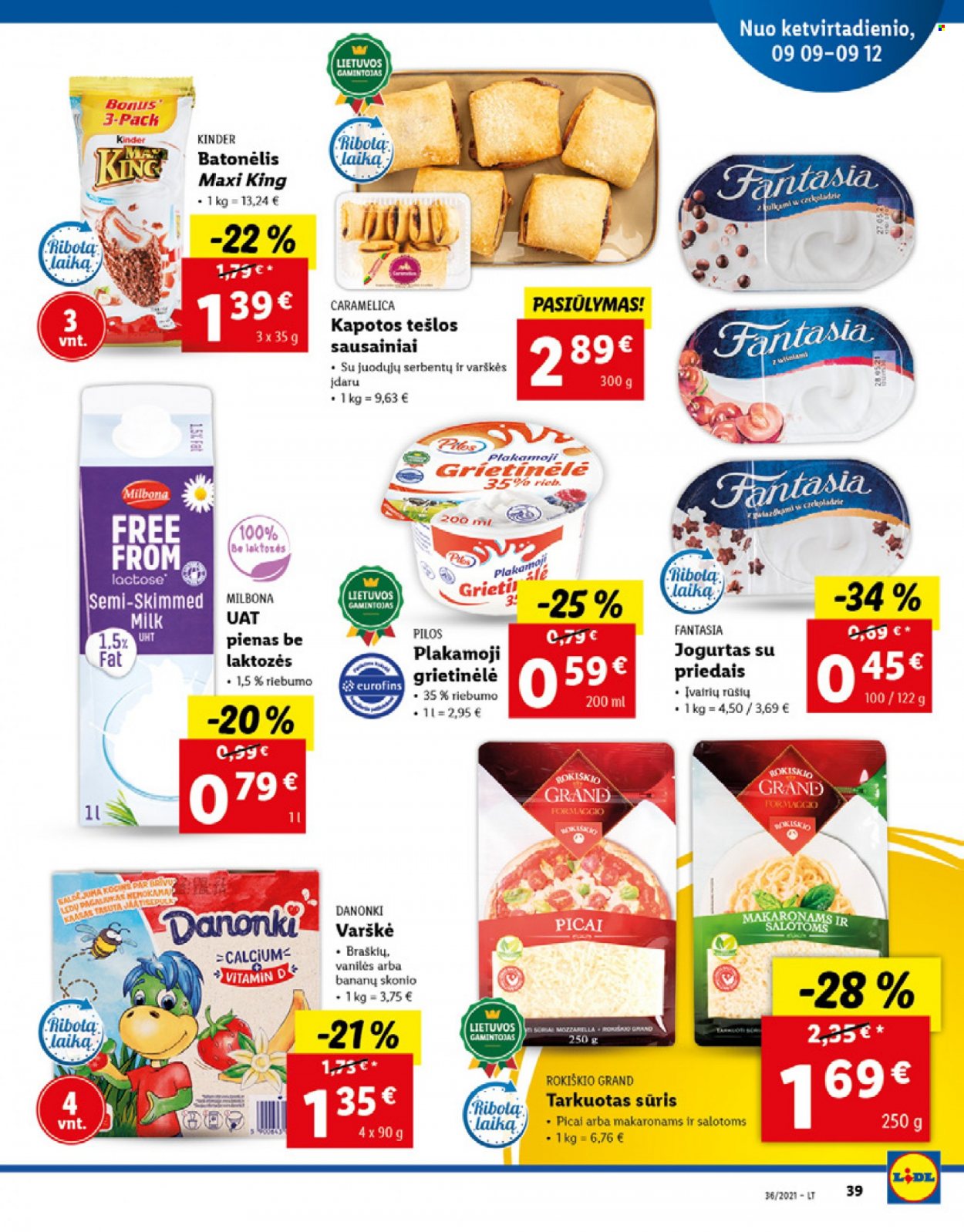 thumbnail - „Lidl“ leidinys - 2021 09 06 - 2021 09 12 - Išpardavimų produktai - sūris, Milbona, jogurtas, pienas, sausainiai, makaronams, Calcium. 39 puslapis.