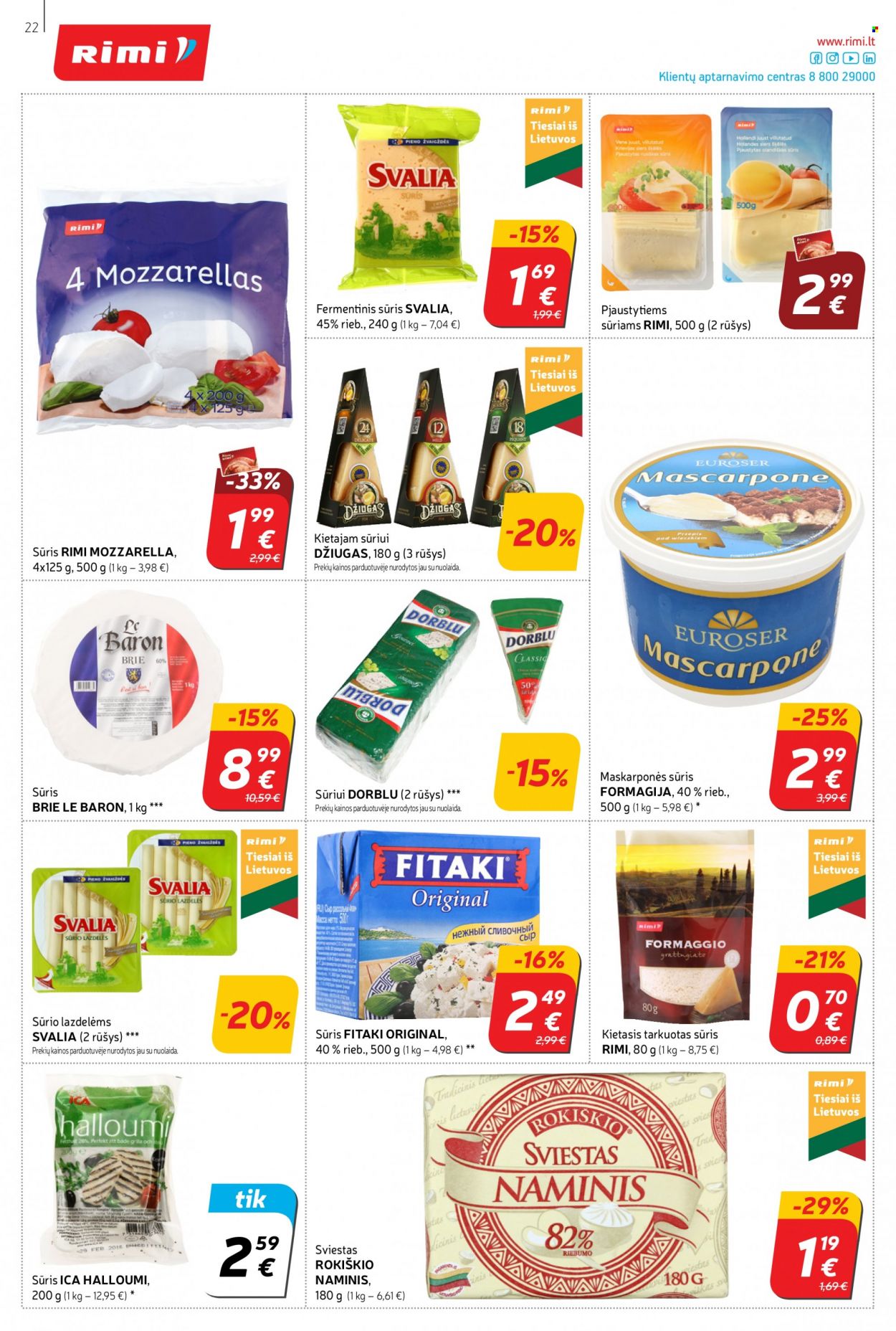 thumbnail - „Rimi“ leidinys - 2021 09 28 - 2021 10 04 - Išpardavimų produktai - brie, fermentinis sūris, halloumi, mozzarella, sūris, sviestas. 22 puslapis.