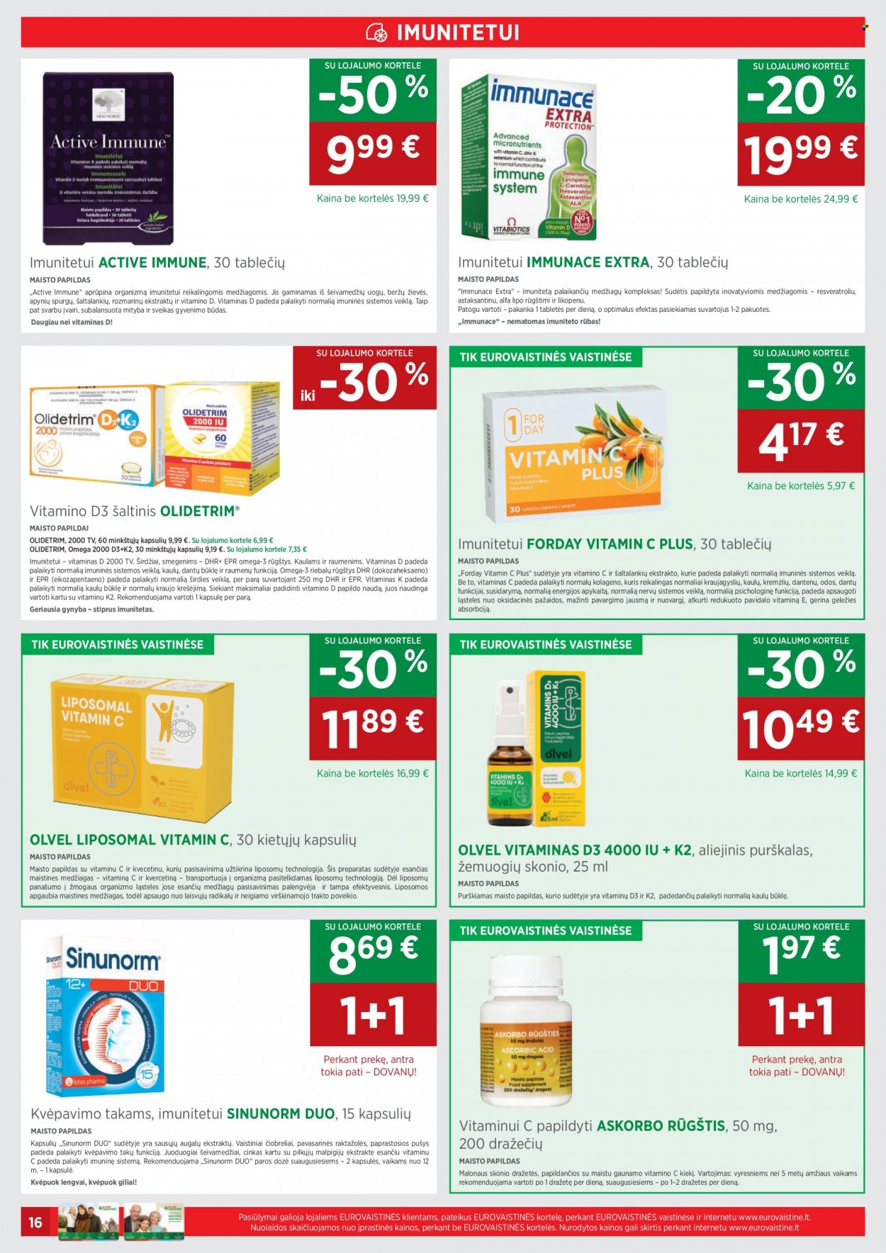 thumbnail - „EUROVAISTINĖ“ leidinys - 2021 10 01 - 2021 11 03 - Išpardavimų produktai - maisto papildai, omega 3, vitamin c. 16 puslapis.