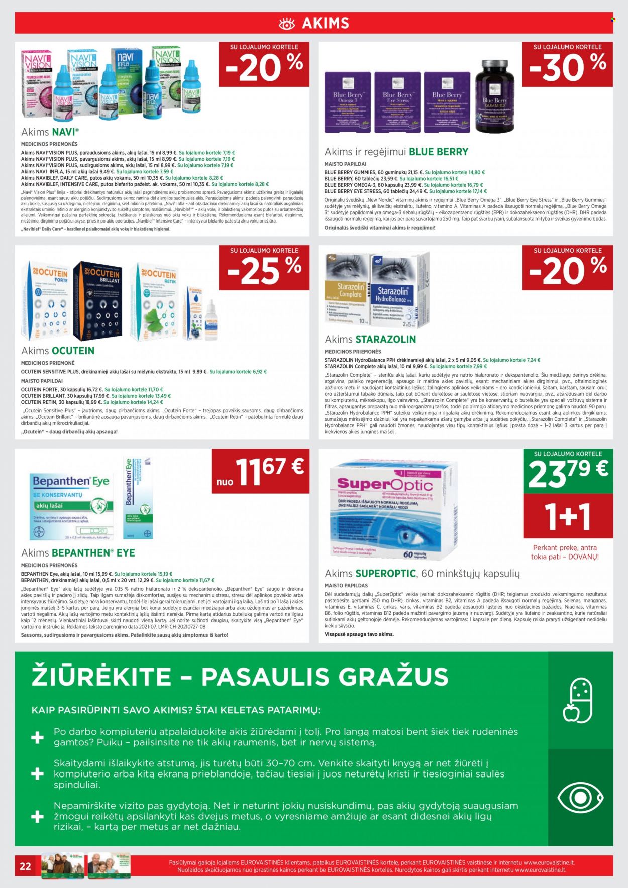 thumbnail - „EUROVAISTINĖ“ leidinys - 2021 10 01 - 2021 11 03 - Išpardavimų produktai - intensive care, New Nordic, B12, Bepanthen, maisto papildai, omega 3, SuperOptic. 22 puslapis.