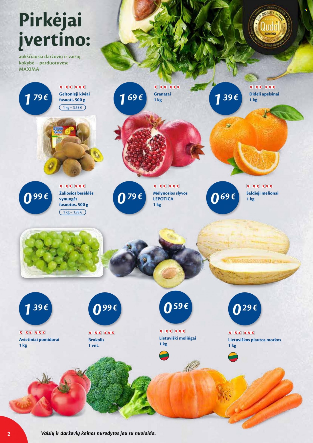 thumbnail - „Maxima“ leidinys - 2021 10 05 - 2021 10 11 - Išpardavimų produktai - moliūgas, morkos, pomidorai, melionai, saldieji melionai, slyva, vynuogės. 2 puslapis.