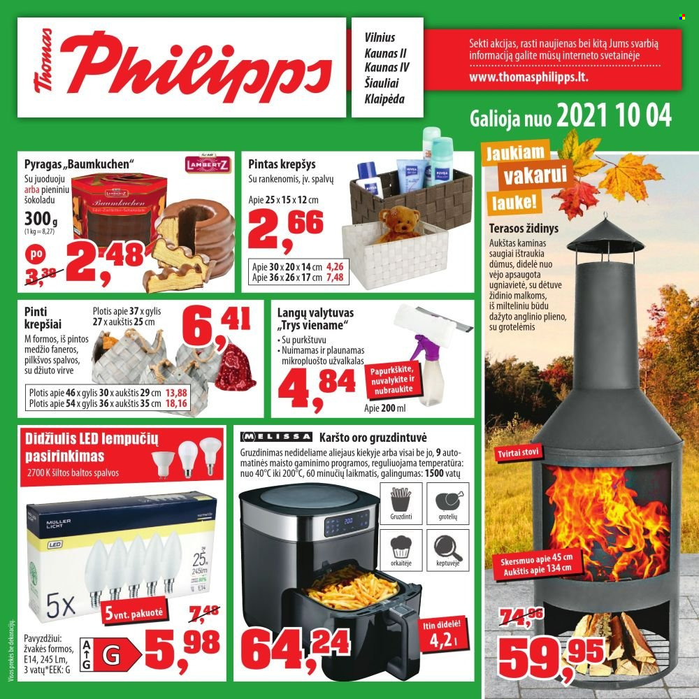 thumbnail - „Thomas Philipps“ leidinys - 2021 10 04 - 2021 10 09 - Išpardavimų produktai - pyragas, krepšys, gruzdintuvé, karsto gruzdintuve oro. 1 puslapis.