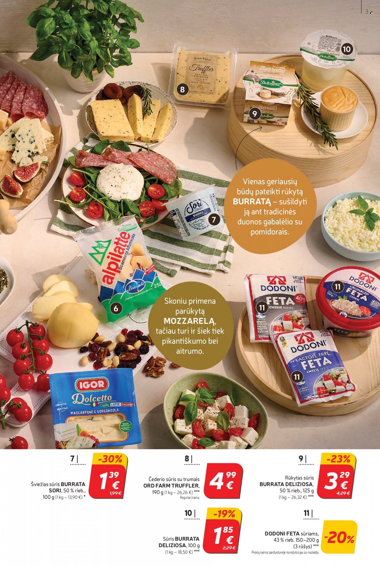 thumbnail - „Rimi“ leidinys - 2021 10 05 - 2021 10 11 - Išpardavimų produktai - feta, gorgonzola, mascarpone, scamorza, sūris, burrata. 3 puslapis.