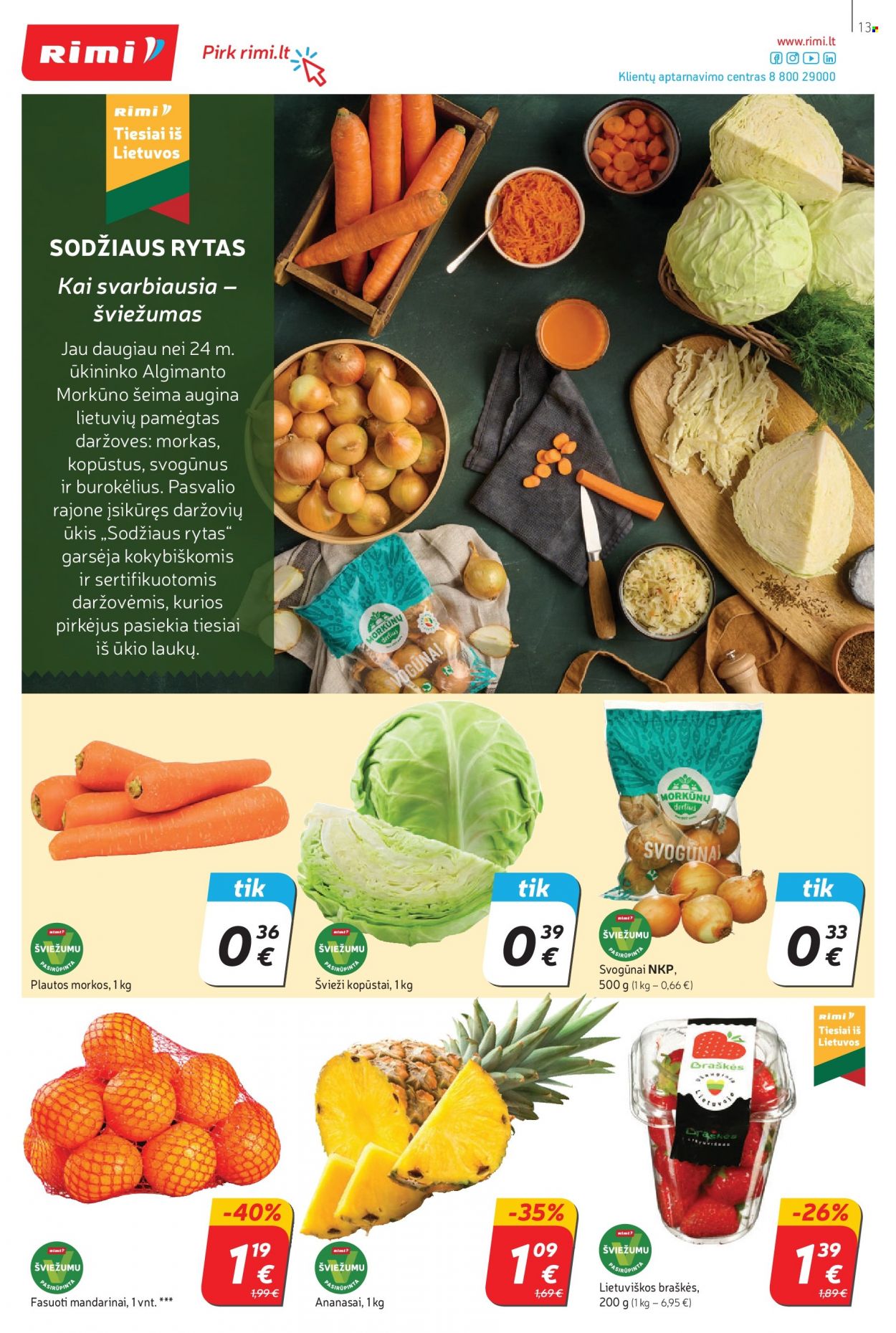 thumbnail - „Rimi“ leidinys - 2021 10 05 - 2021 10 11 - Išpardavimų produktai - kopūstai, morkos, svogūnai, ananasai, braškės, mandarinai. 13 puslapis.