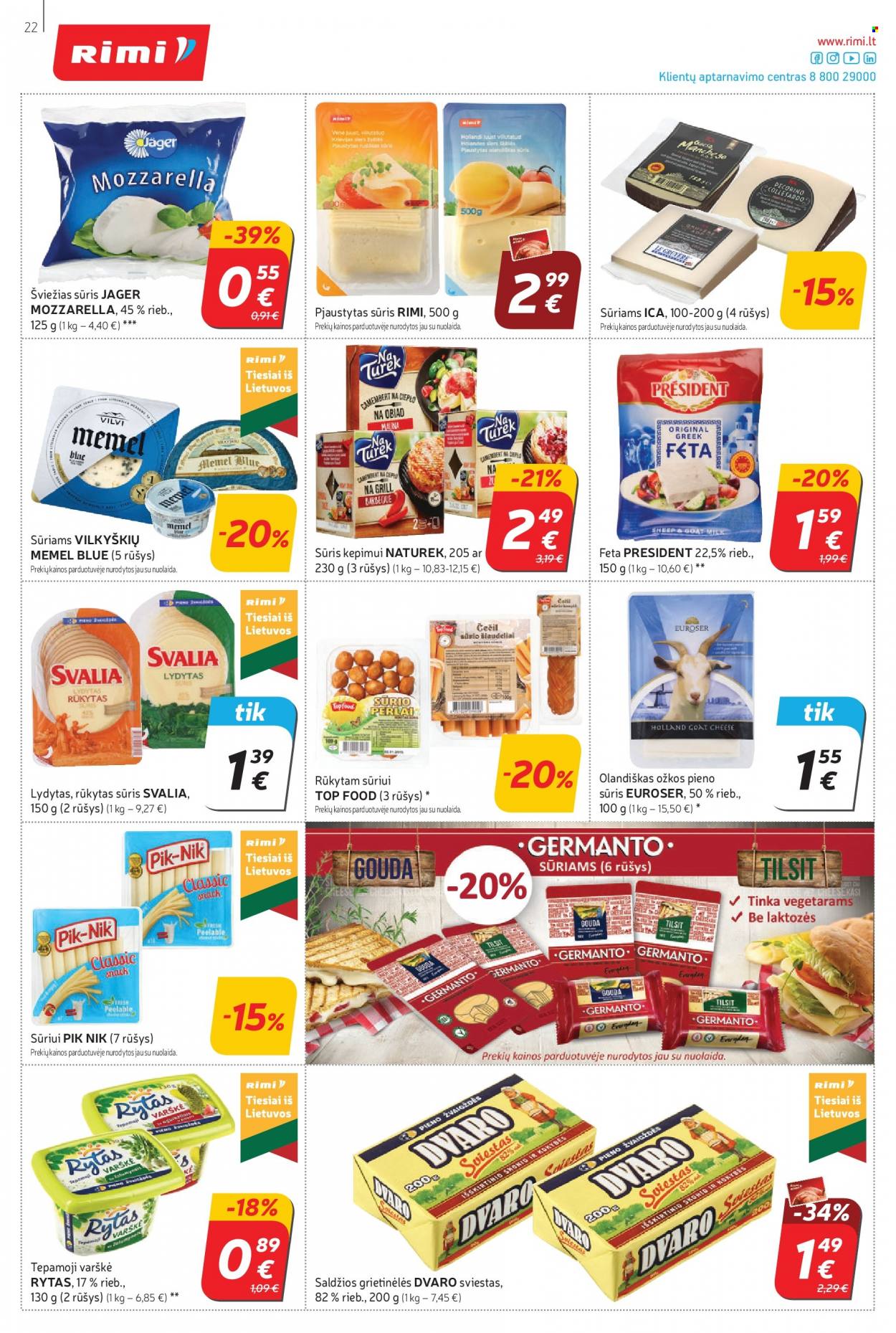 thumbnail - „Rimi“ leidinys - 2021 10 05 - 2021 10 11 - Išpardavimų produktai - feta, mozzarella, sūris, sviestas. 22 puslapis.