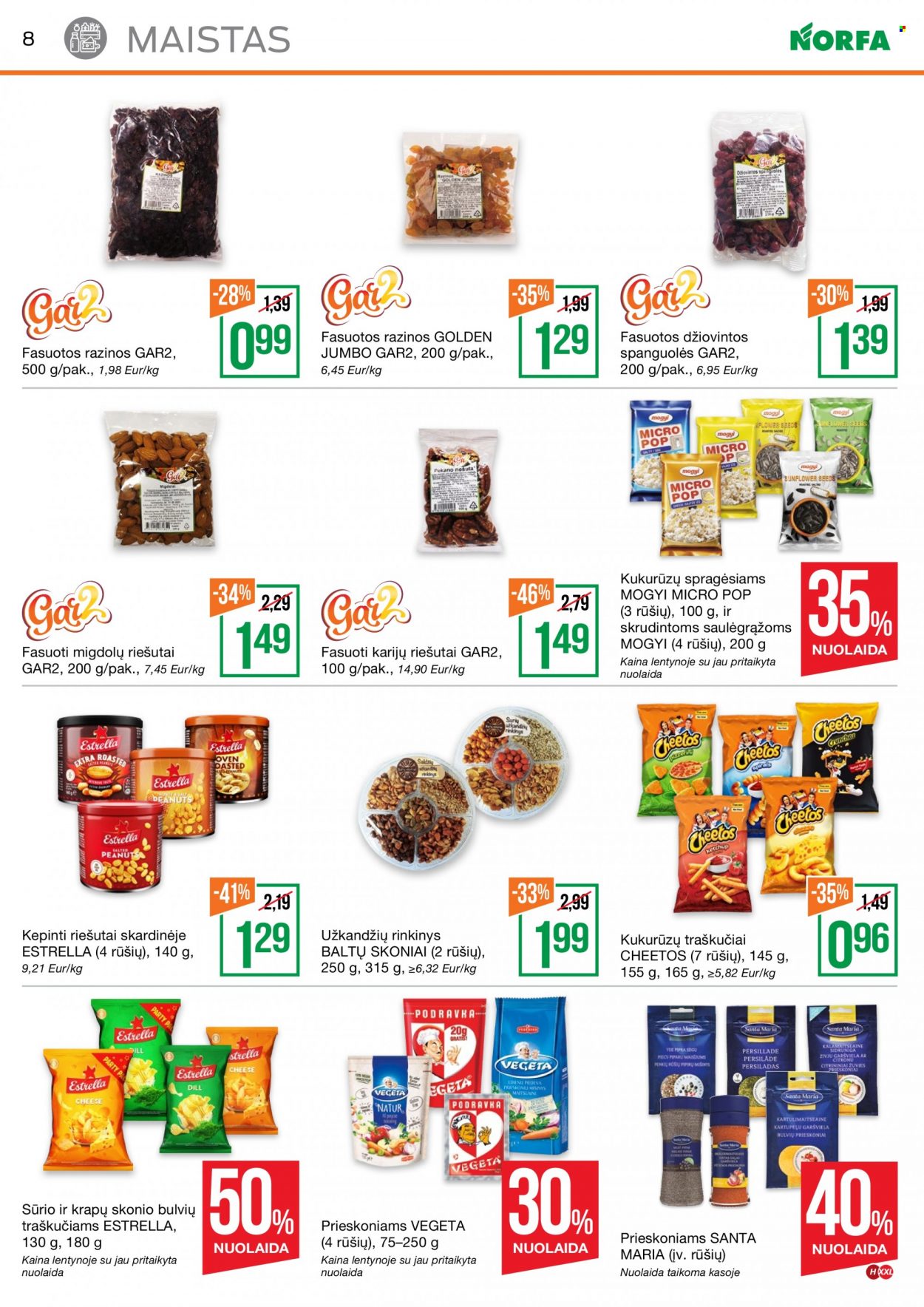 thumbnail - „NORFA“ leidinys - 2021 10 07 - 2021 10 20 - Išpardavimų produktai - Cheetos, kukurūzų spragėsiams, traškučiai, spanguolės, razinos, prieskoniams. 8 puslapis.