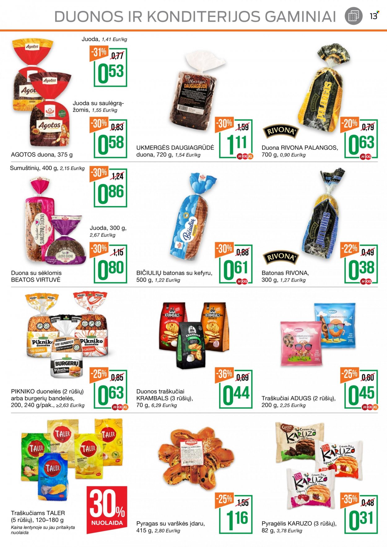 thumbnail - „NORFA“ leidinys - 2021 10 07 - 2021 10 20 - Išpardavimų produktai - batonas, duona, pita, pyragas, traškučiai. 13 puslapis.